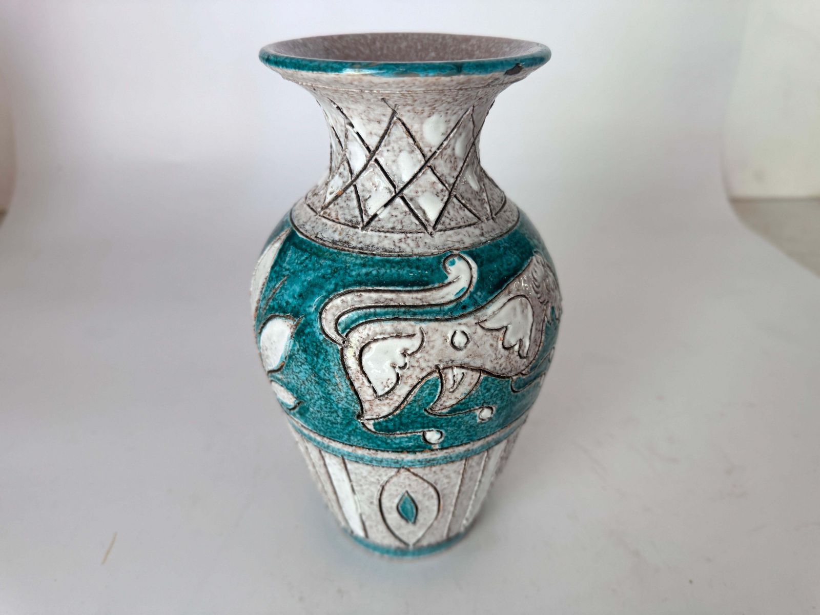 Vase In Enameled Ceramic Green And White Italy 1970 Signed photo vintage