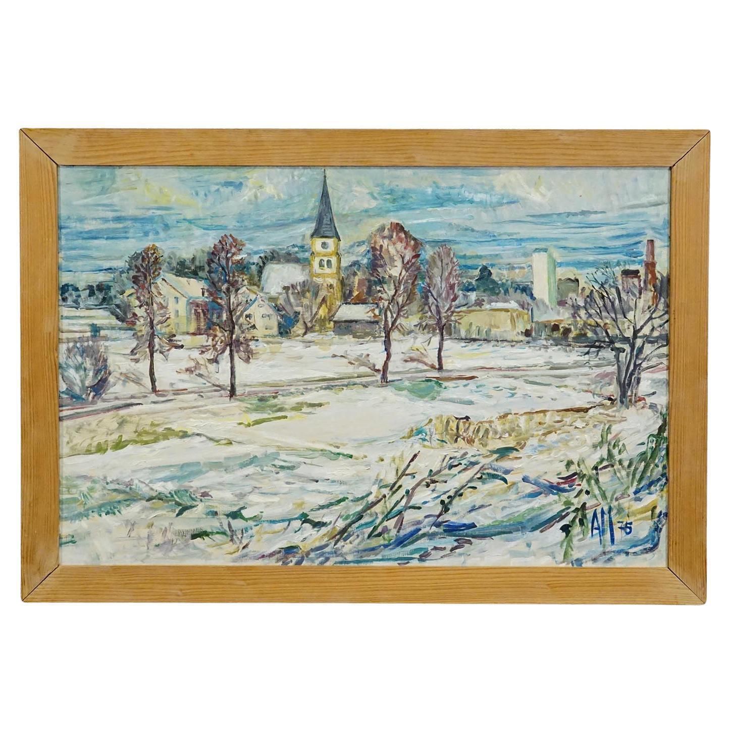 Vintage Oil Painting Of Taufkirchen, Bavaria, Alexander Michael 1975