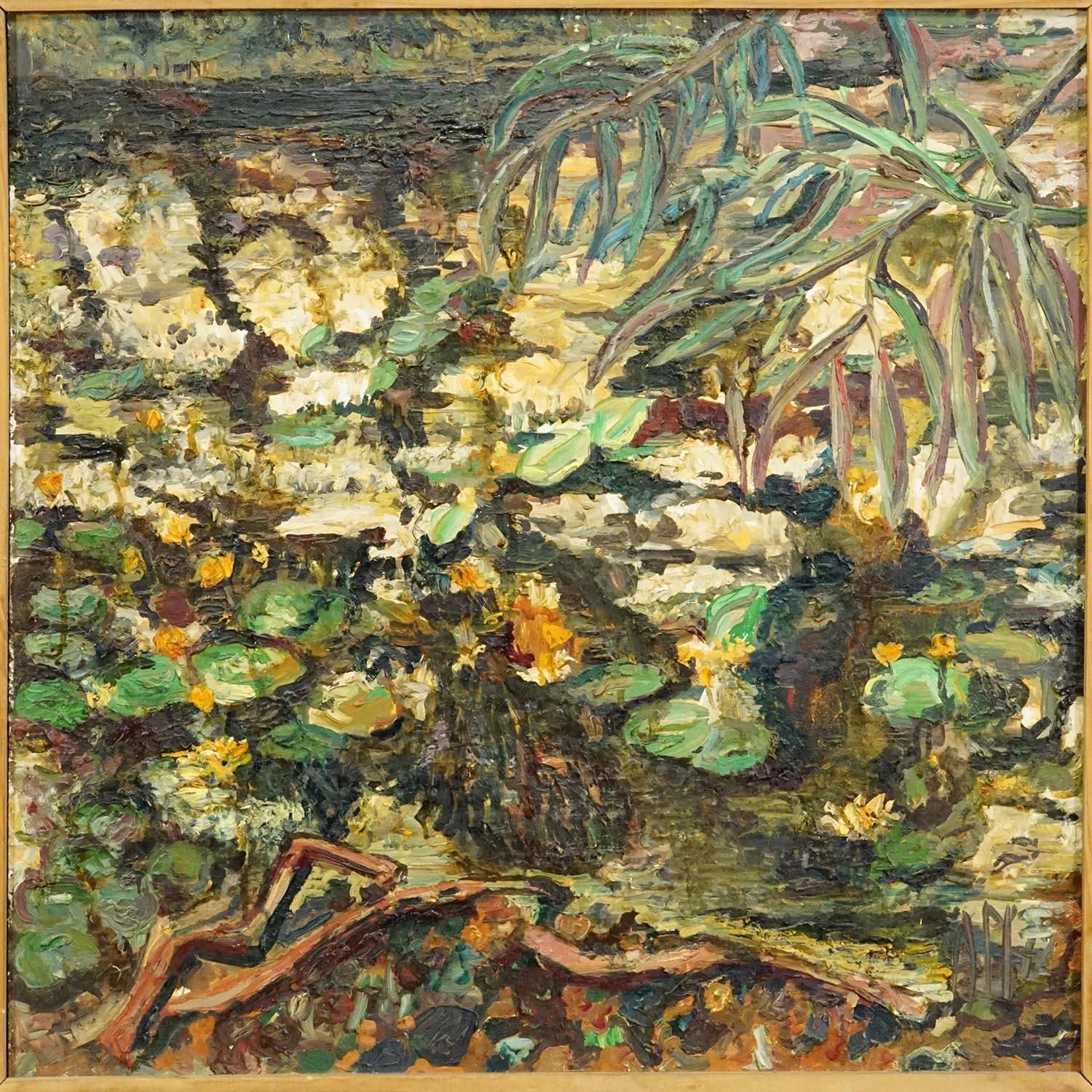Alexander Michael – Olieverfschilderij Van Een Pont Met Waterlelies, 1972 photo for sale
