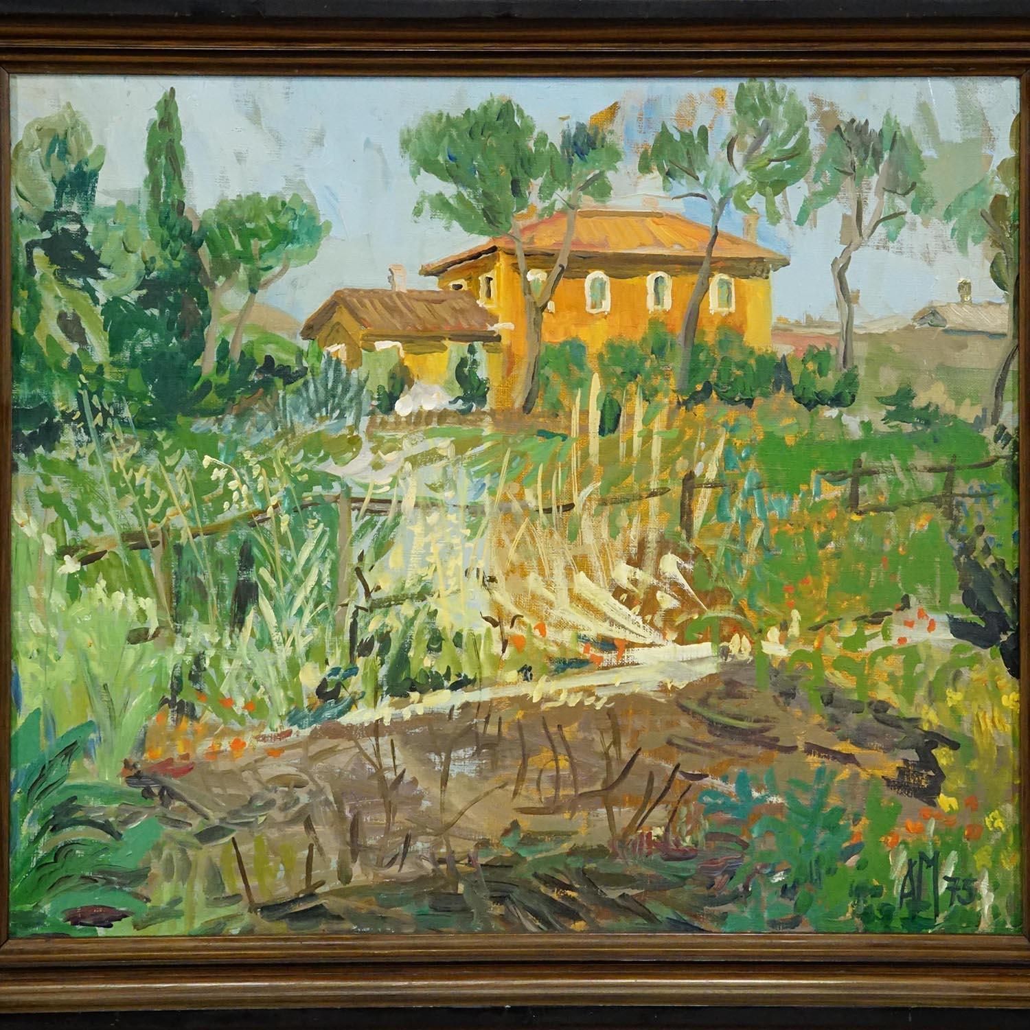 Vintage Oil Painting Of A Mediterranean Village, Alexander Michael 1975 photo for sale