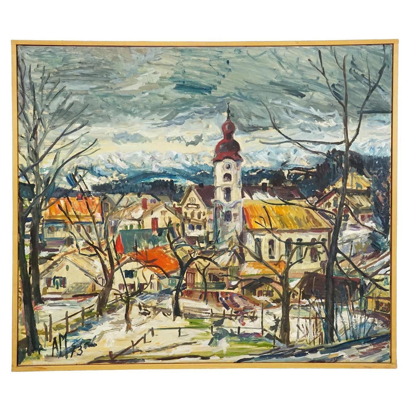 Vintage Oil Painting Of A Bavarian Village, Alexander Michael 1973