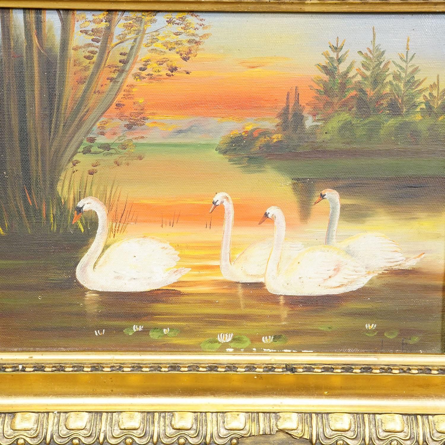 19th Century Painting With Swans On A Lake At Sunset photo for sale