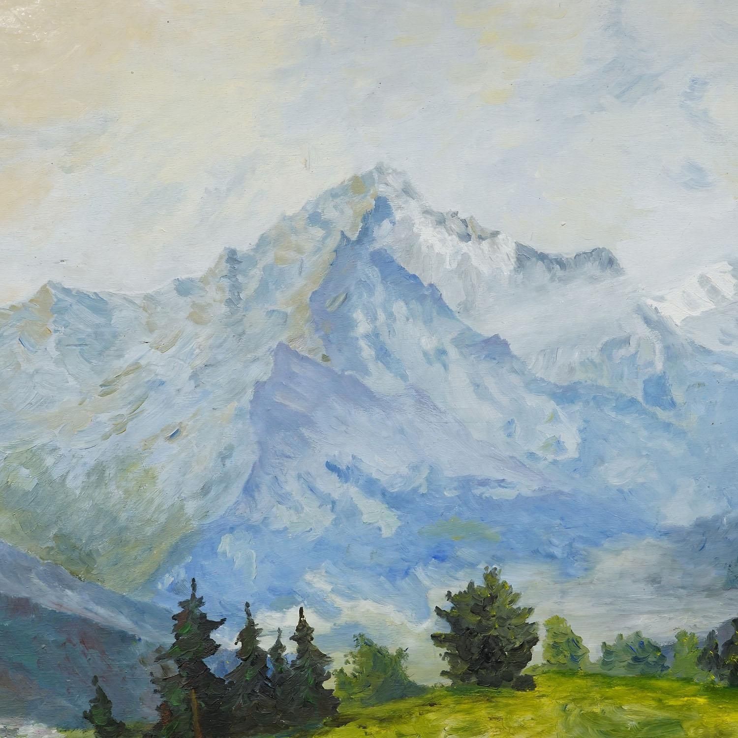 Alpine Landscape Painting With Meadow, Trees And Mountains photo for sale