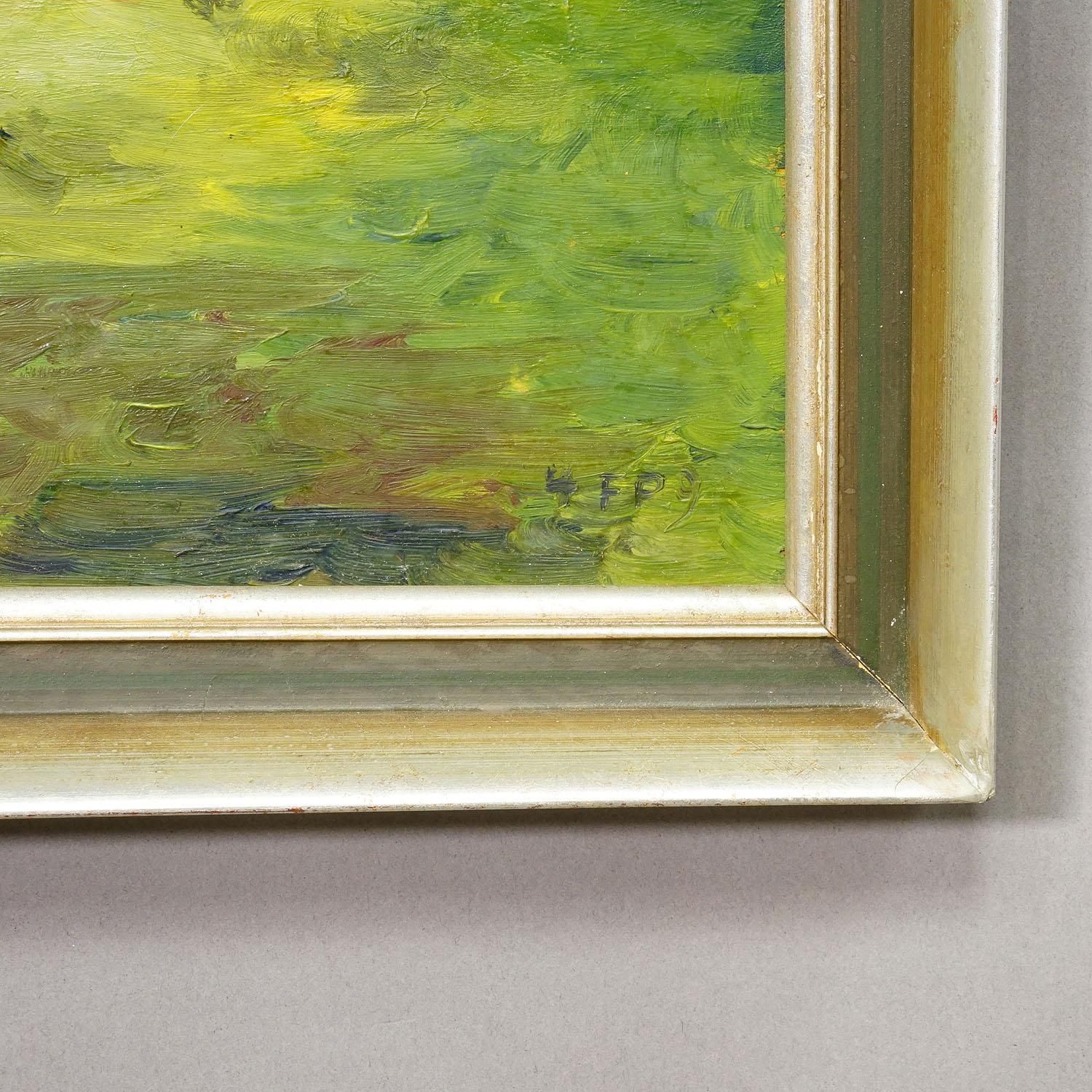 Alpine Landscape Painting With Meadow, Trees And Mountains photo buy