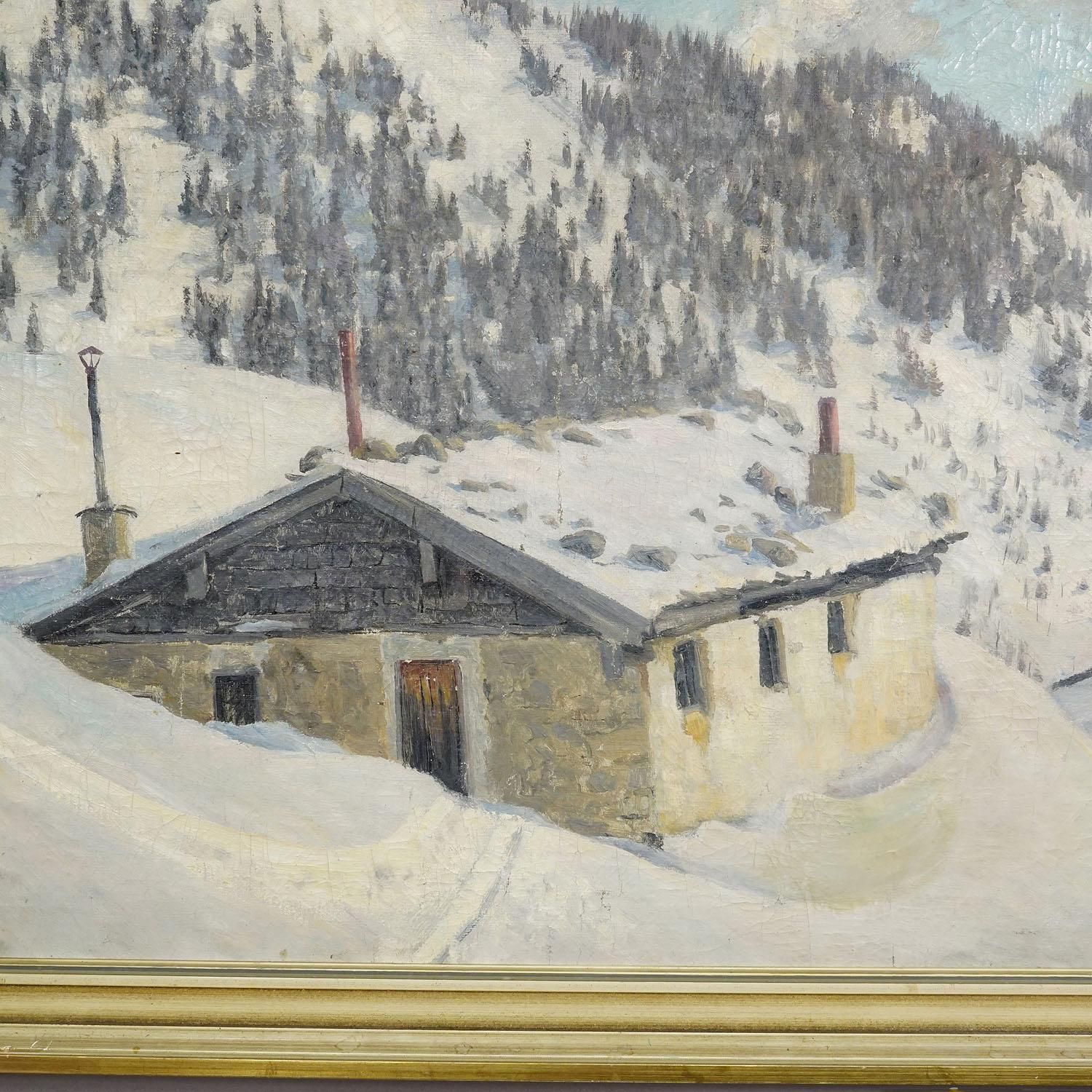 Impressionistic Painting Of An Alpine Mountain Hut In The Winter photo for sale