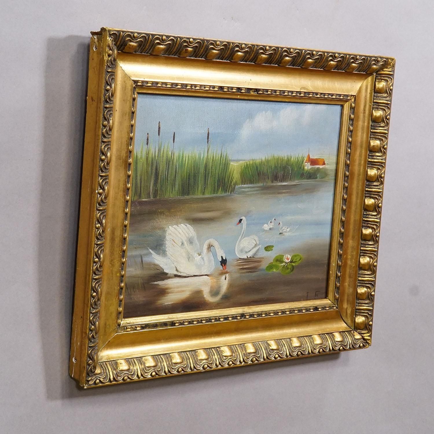 19th Century Biedermeier Painting With Swans On A Lake photo furniture