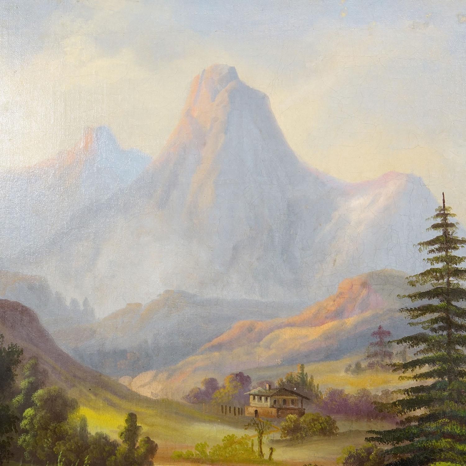 19th Century Biedermeier Landscape Painting With River And Mountain Hut photo vinterior