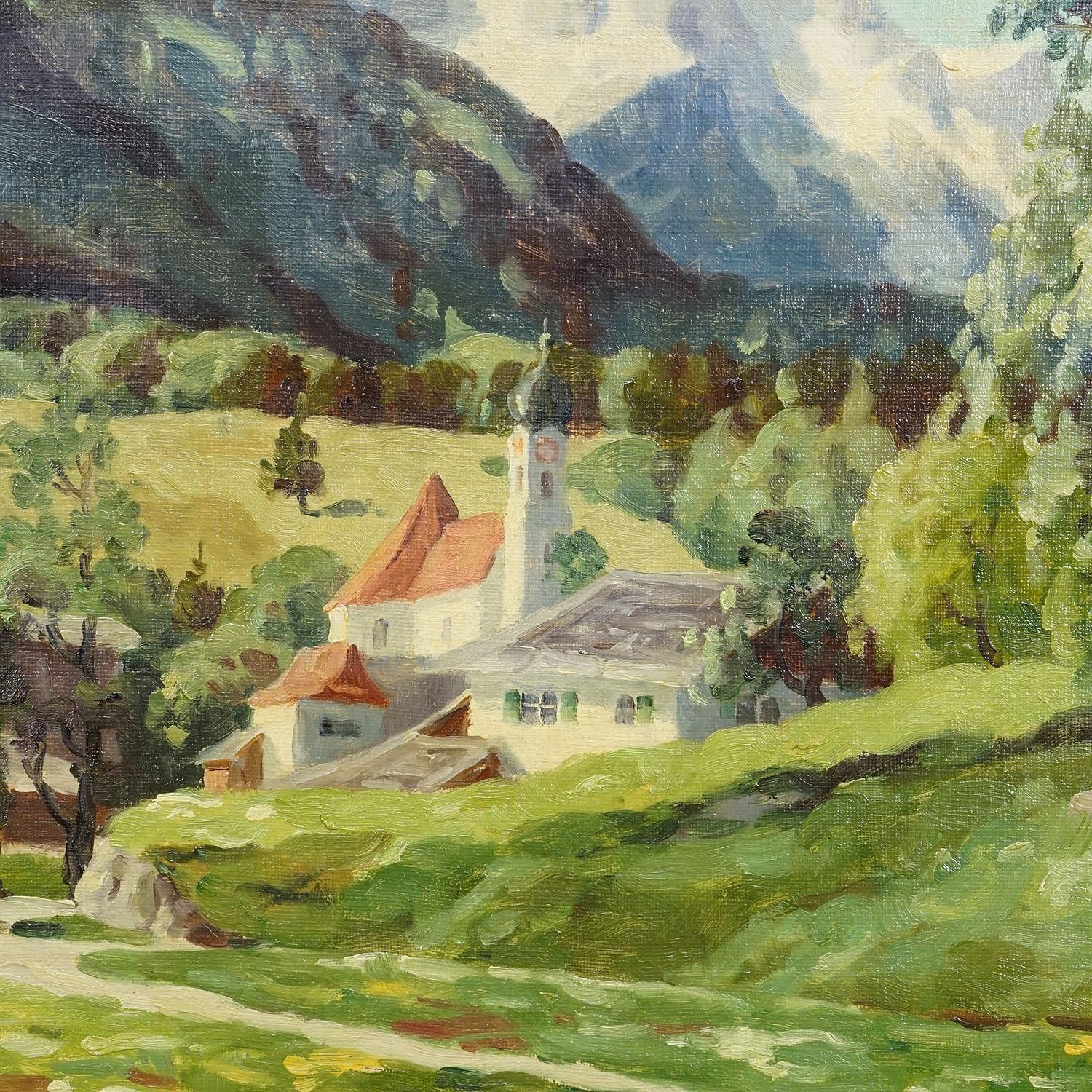 Alpine Landscape Oil Painting With Tyrolean Mountain Village photo Art