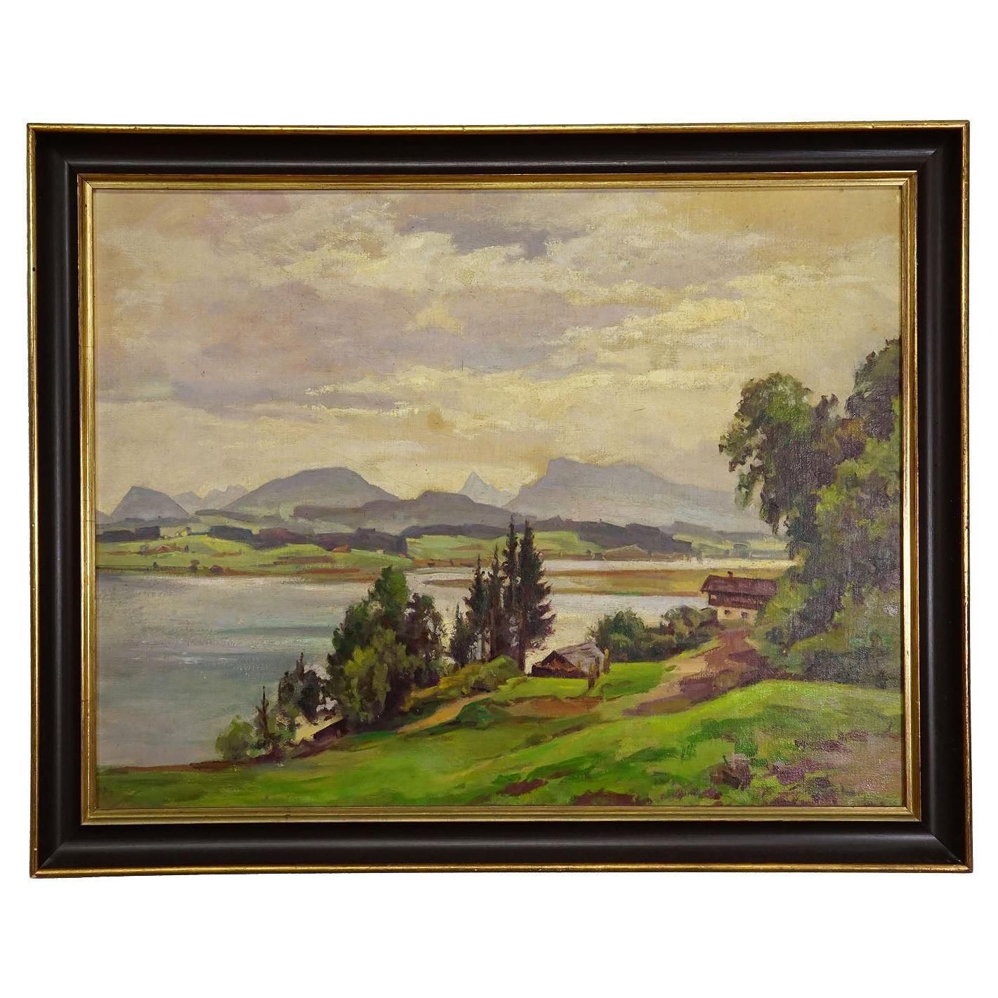Alpine Lake View Oil Painting With Tyrolean Hut