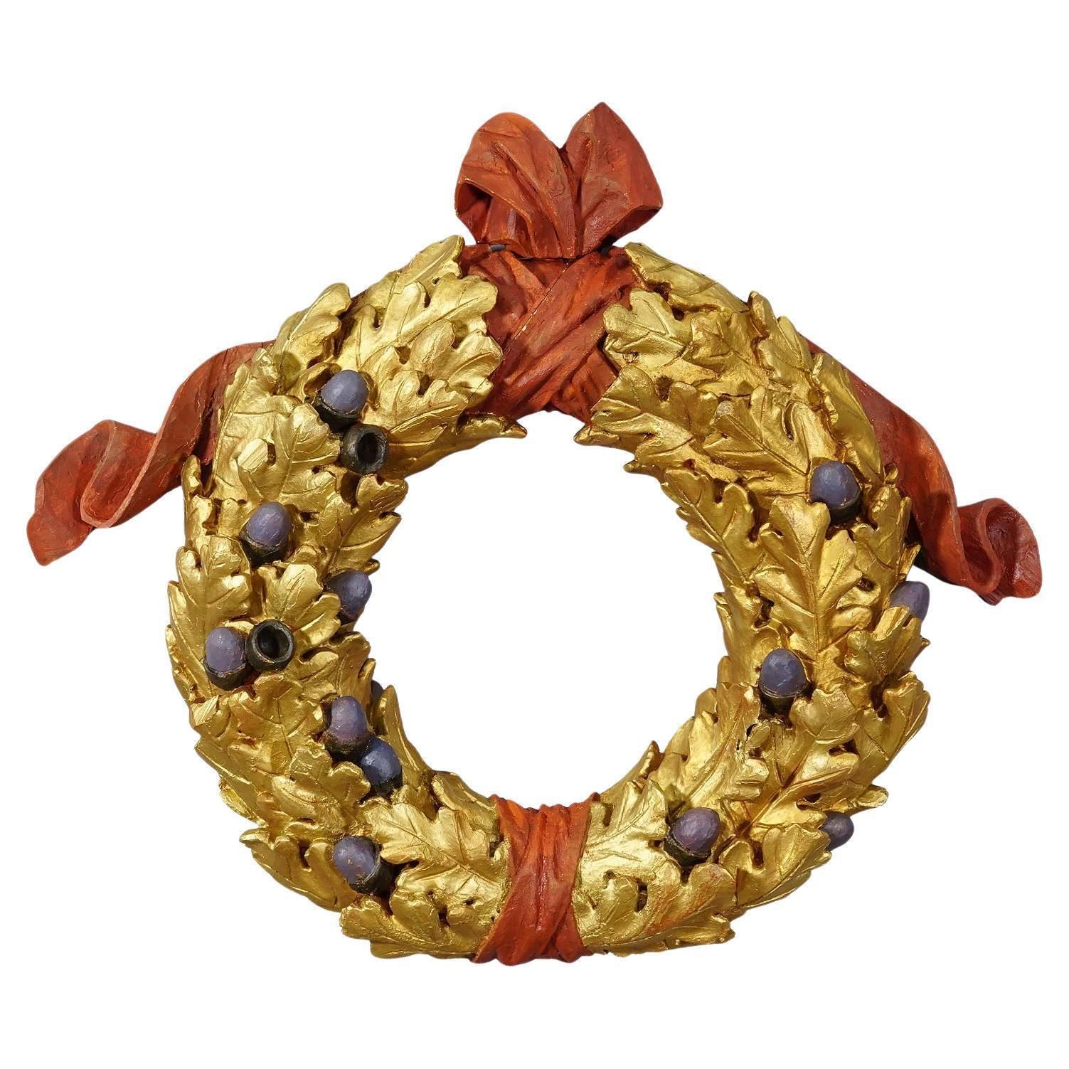 Antique Wooden Carved Door Wreath With Acorns, Germany Ca. 1930s