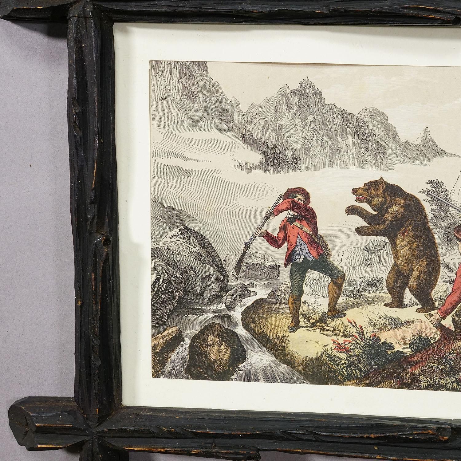 Antique Lithography Print Depicting A Bear Hunt 19th Century photo furniture