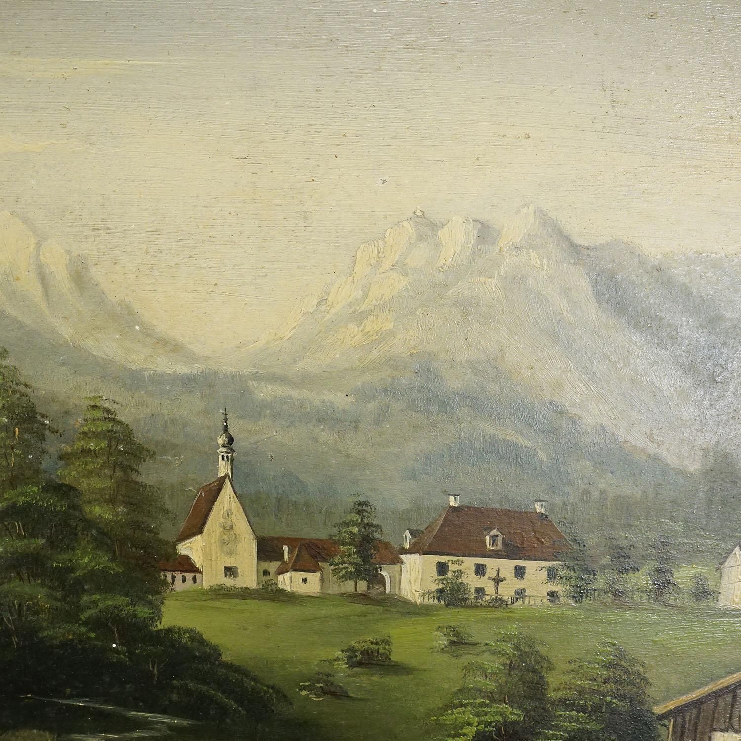 19e Eeuws Alpien Landschap, Olieverfschilderij Met Tiroler Bergdorp photo Kunst
