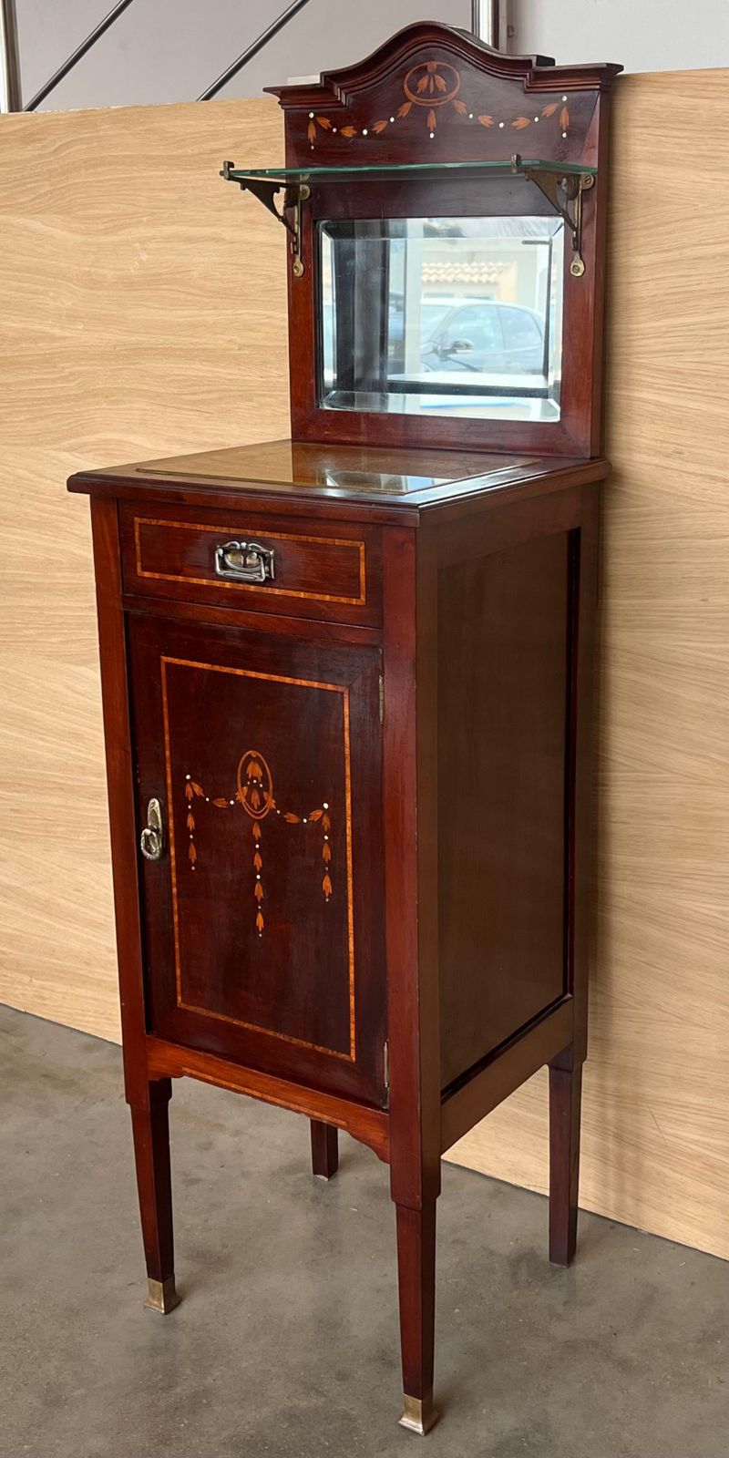 1900s, Art Nouveau Pair Of Walnut Nightstands With Crest And Glass Shelve photo Furniture