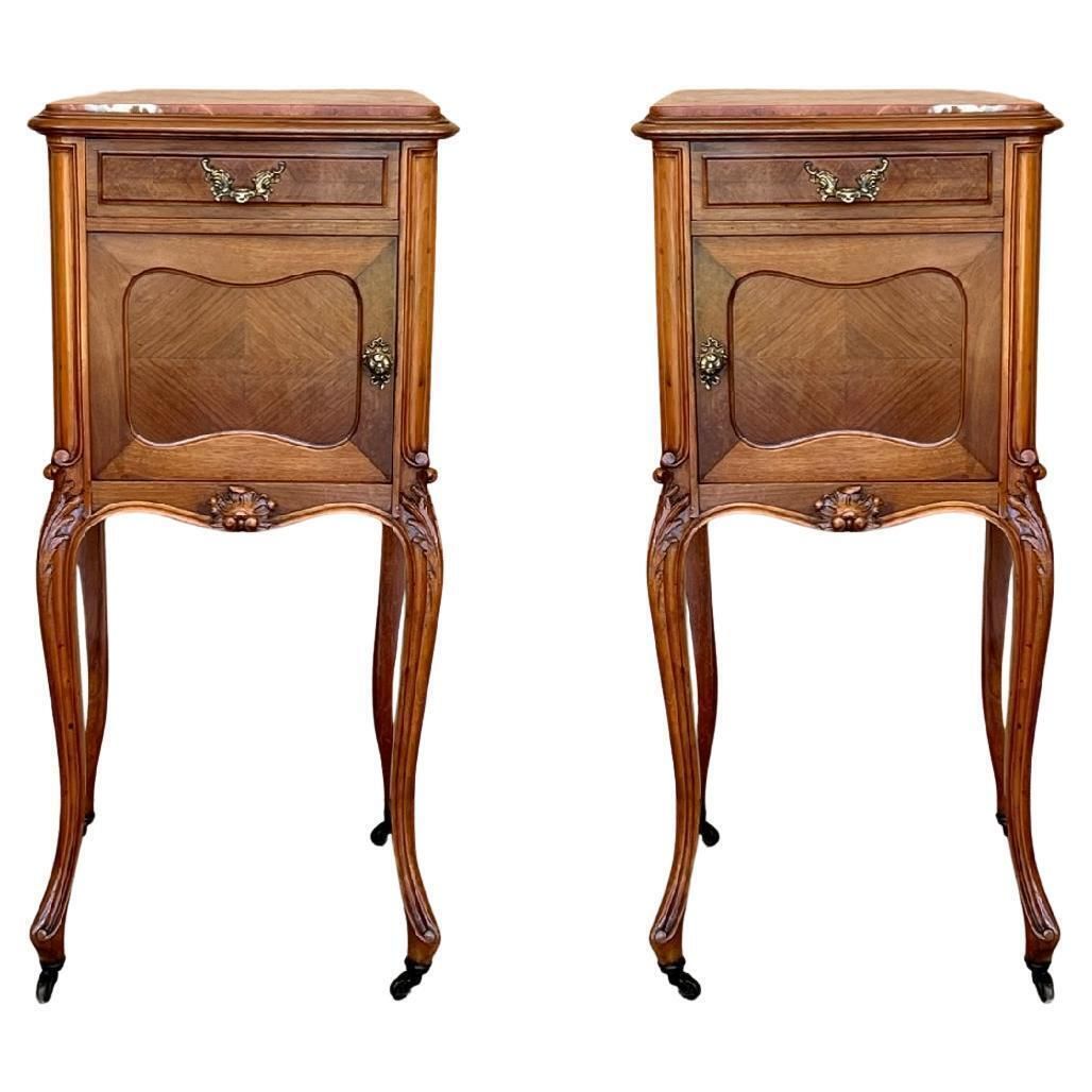 Antique French Mahogany Night Stands With Marble Top And Wheels, 1900