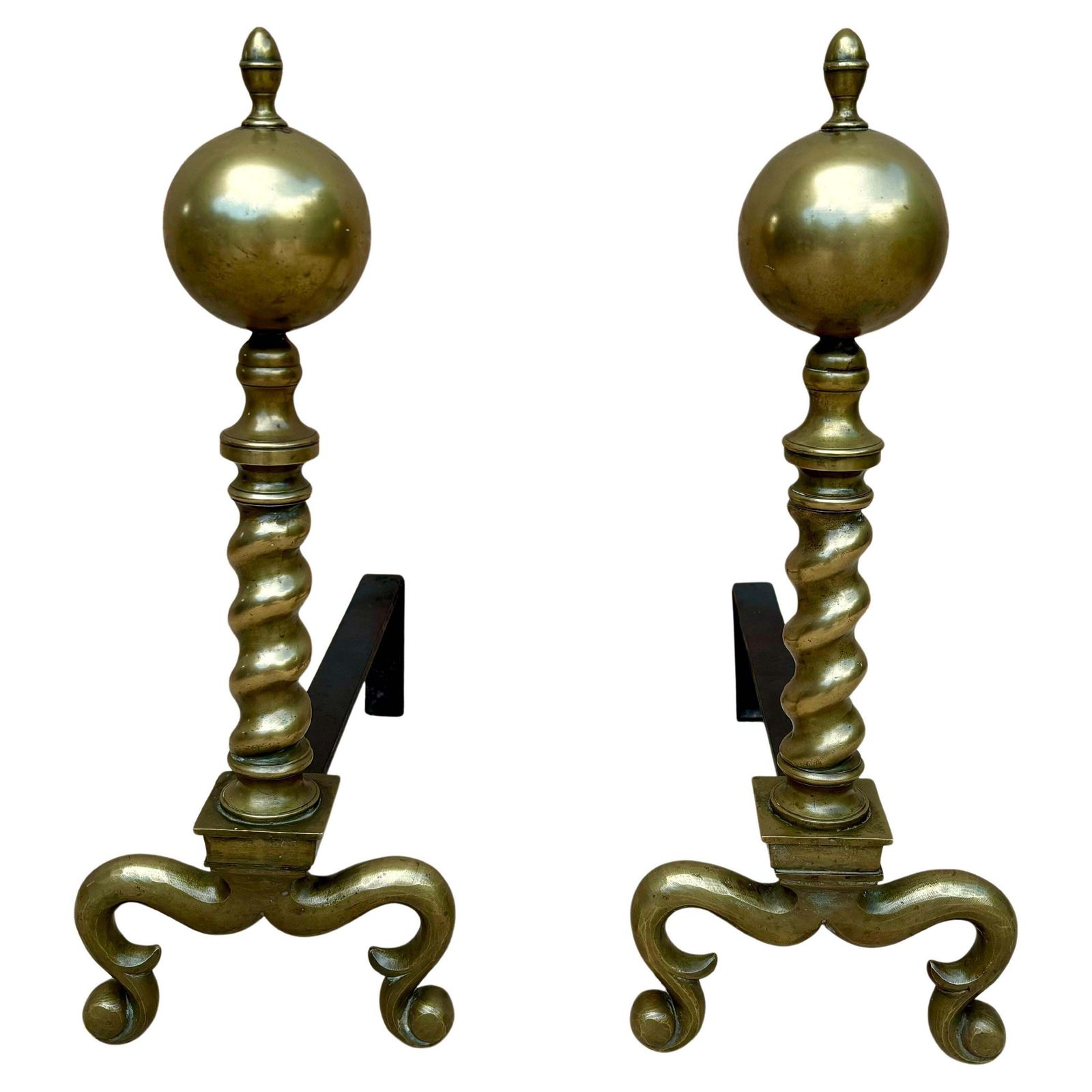 18th American Chippendale Style Brass Cannonball Andiron Firedog With Log Stops
