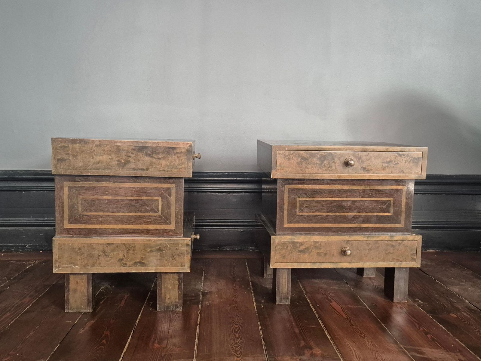 Bedside Tables In Stained Curly Birch, Art Deco, Finland 1930s photo vintage