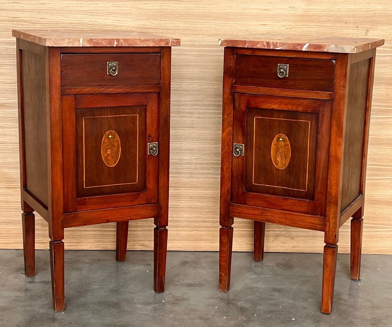 Pair Of Italian Marquetry Nightstands With Bronze Crest, Drawers And Doors photo vinterior