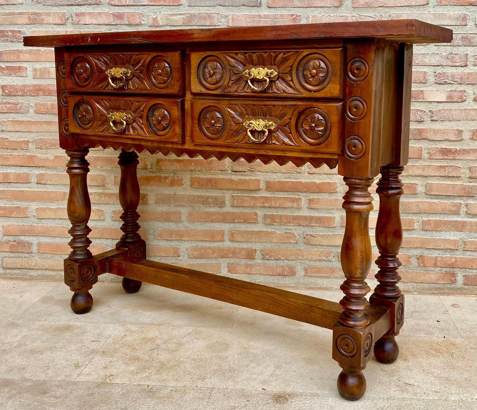 Early 20th Century Spanish Carved Console Table With Four Drawers, 1930s photo for sale