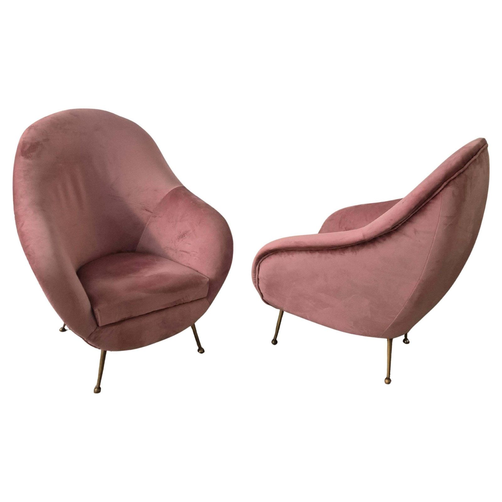 An Elegant Pair Of Easy Chairs With Brass Legs, Italian Mid Century.