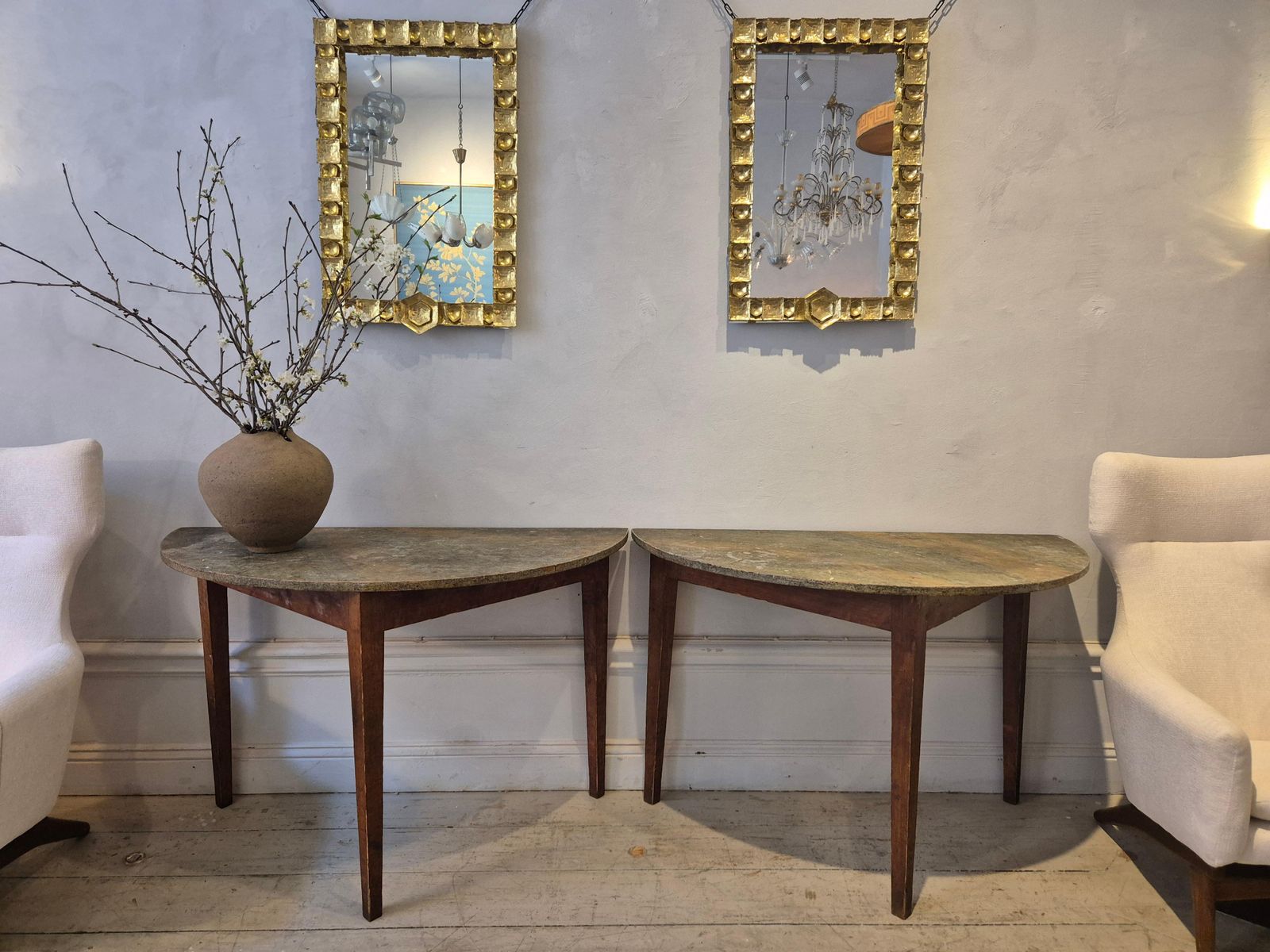 Half Moon Tables, Marbled Table Tops, Allmoge /Swedish Provincial Style, 1860s. photo for sale