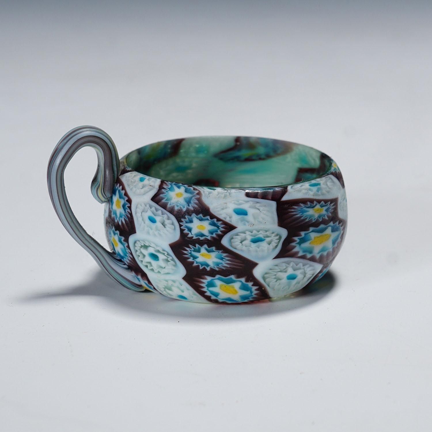 Antique Millefiori Bowl With Handle, Fratelli Toso Murano Ca. 1900s photo for sale