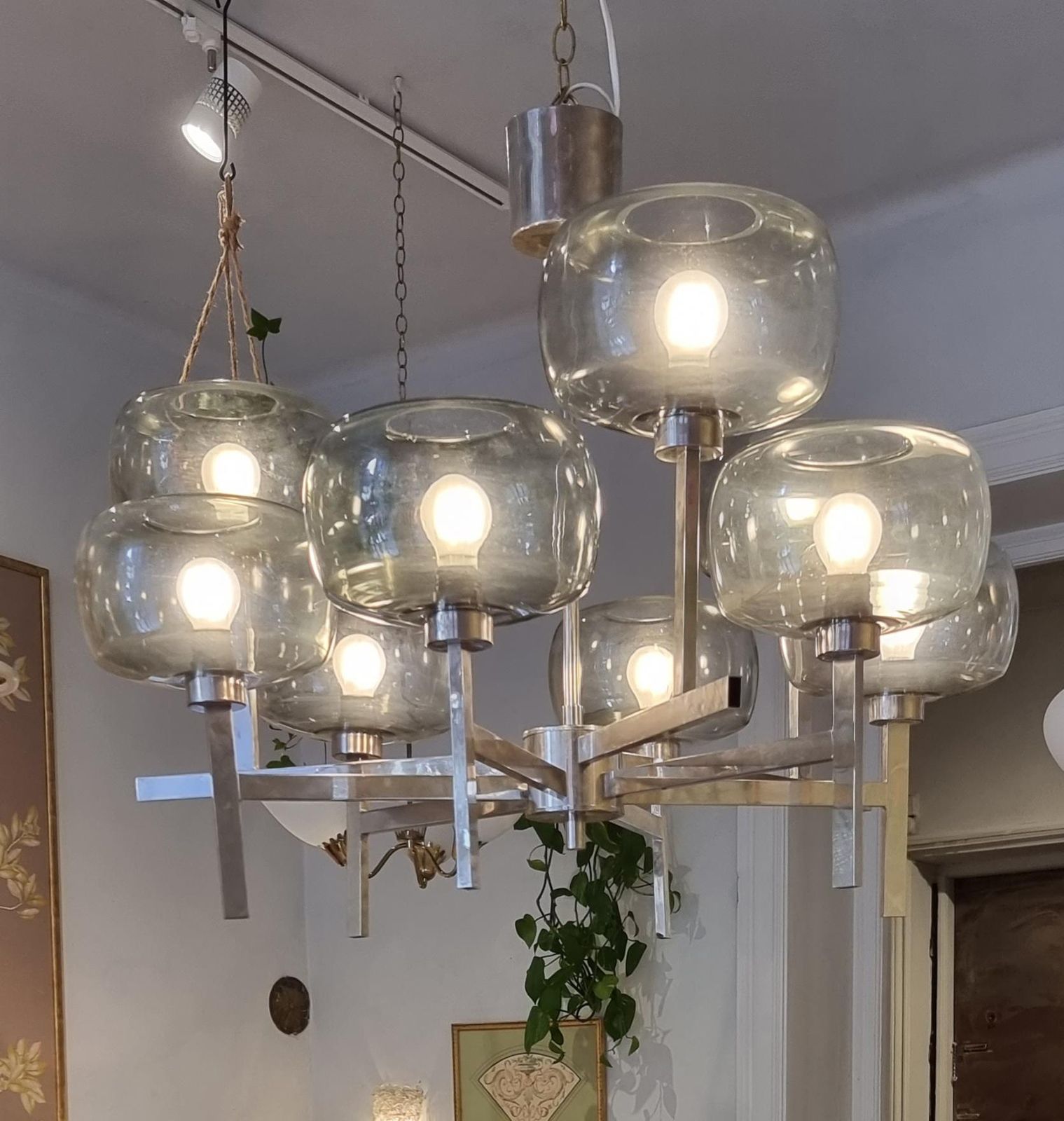 Holger Johansson, Chandelier, Scandinavian Modern / Midcentury, Chrome & Glass photo furniture
