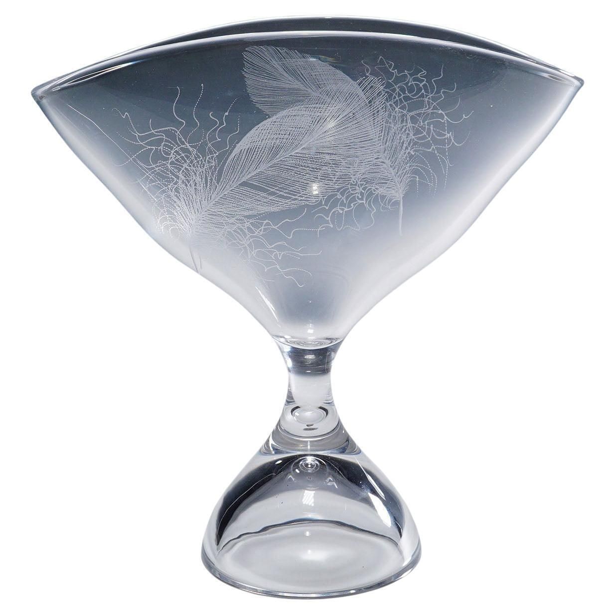 Footed Bowl With Feather Decoration By Vicke Lindstrand For Kosta 1950s