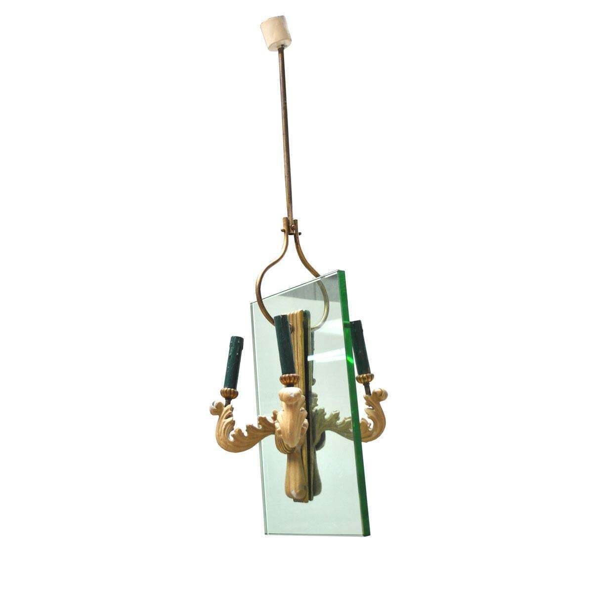 Pietro Chiesa Style Midcentury Chandelier In Brass And Crystal, 1940s photo for sale