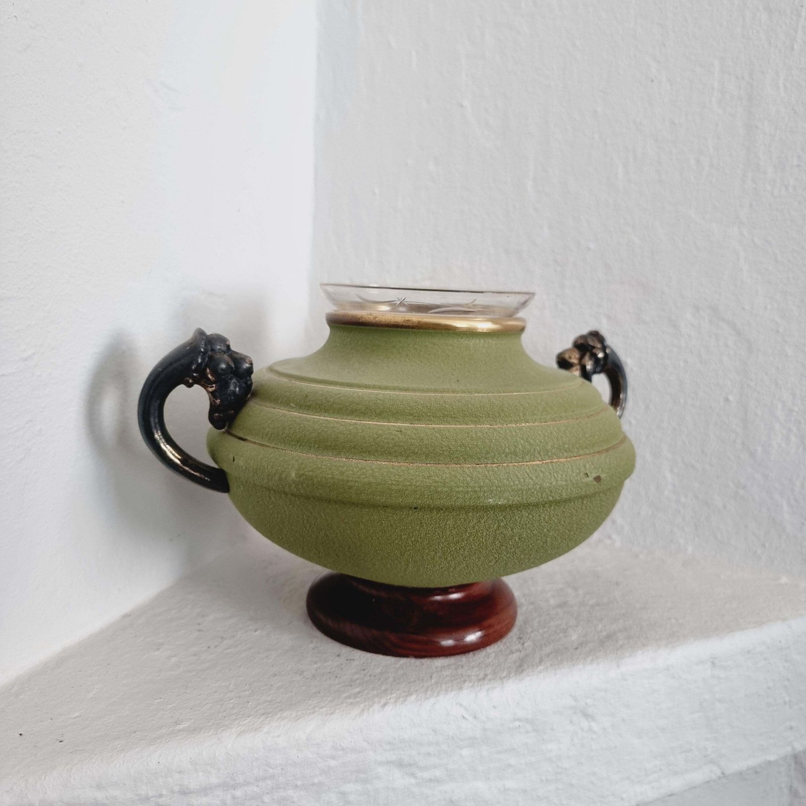 photo furniture Vase In Metal, Wood And Engraved Glass. Swedish Grace, 1930s