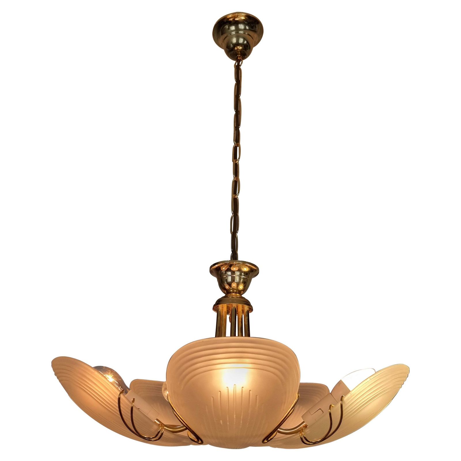 Reijmyre Pendant, Brass With Clam Shaped Glass, Sweden 1980/90s Art Deco Style