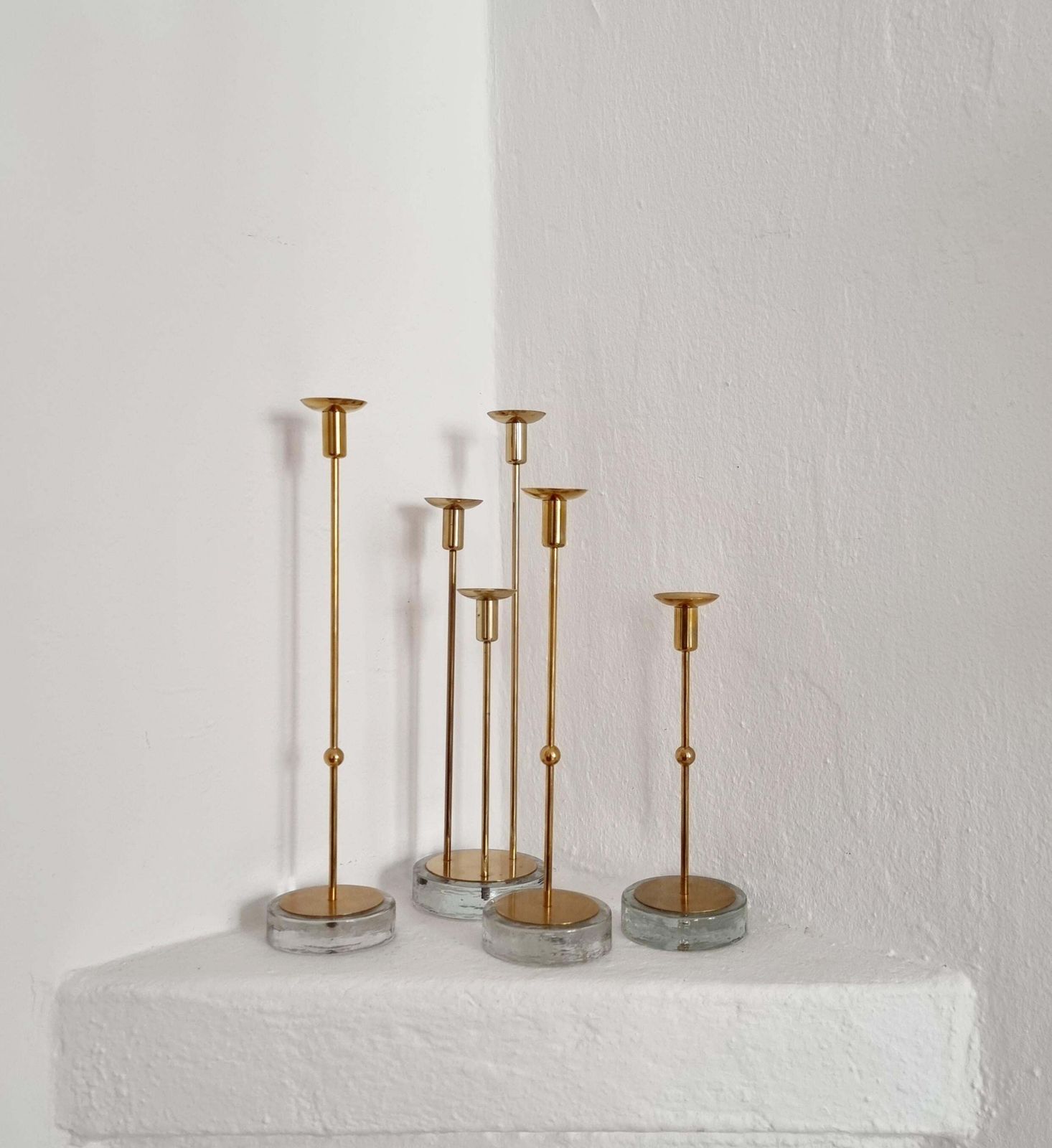 Gunnar Ander, Four Candle Holders, Brass & Glass, Ystad Metall, Swedish Modern photo furniture