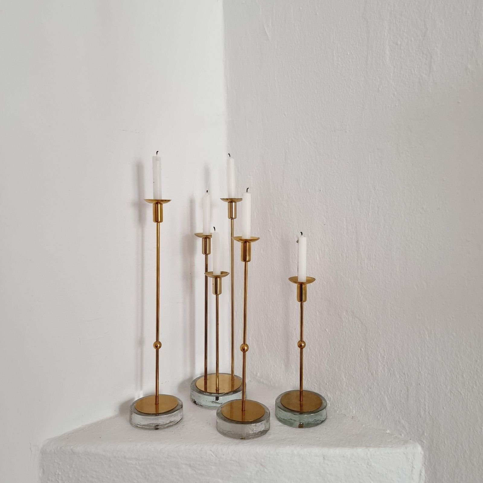 Gunnar Ander, Four Candle Holders, Brass & Glass, Ystad Metall, Swedish Modern photo vintage