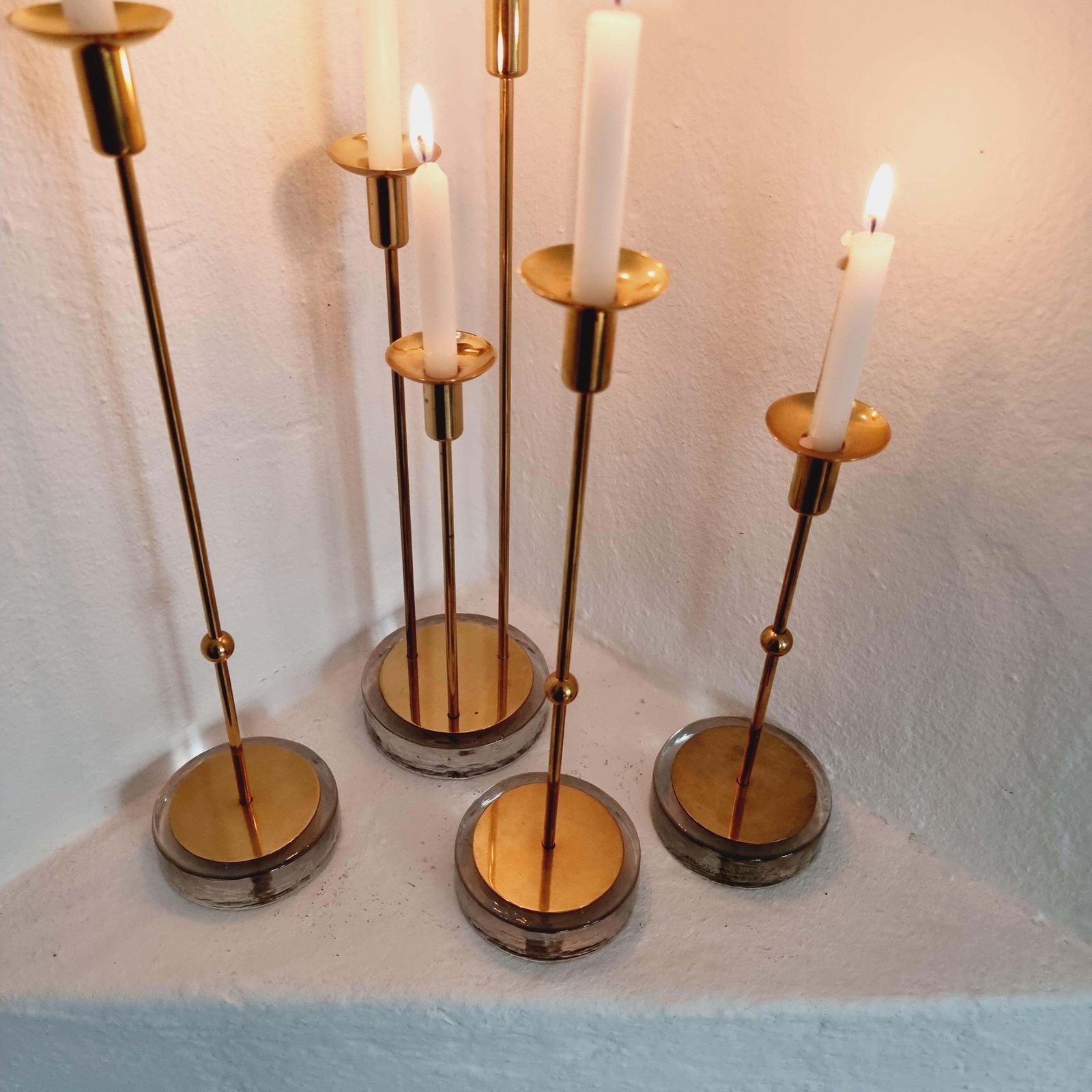 photo furniture Gunnar Ander, Four Candle Holders, Brass & Glass, Ystad Metall, Swedish Modern