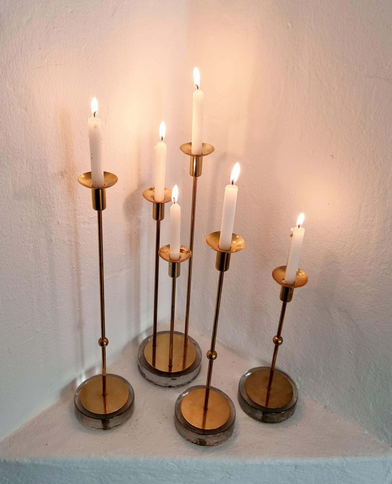 photo for sale Gunnar Ander, Four Candle Holders, Brass & Glass, Ystad Metall, Swedish Modern