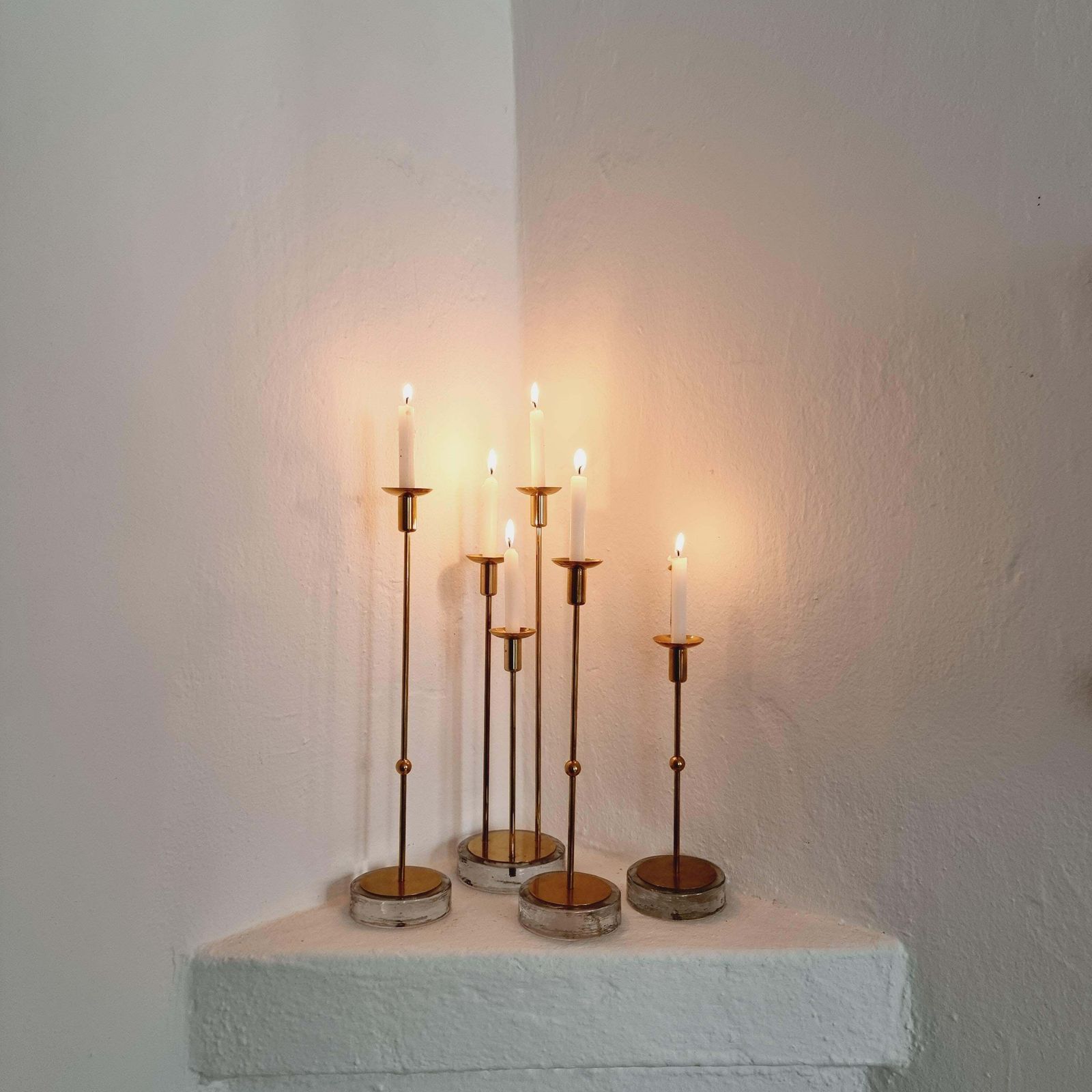 Home Decor Gunnar Ander, Four Candle Holders, Brass & Glass, Ystad Metall, Swedish Modern photo