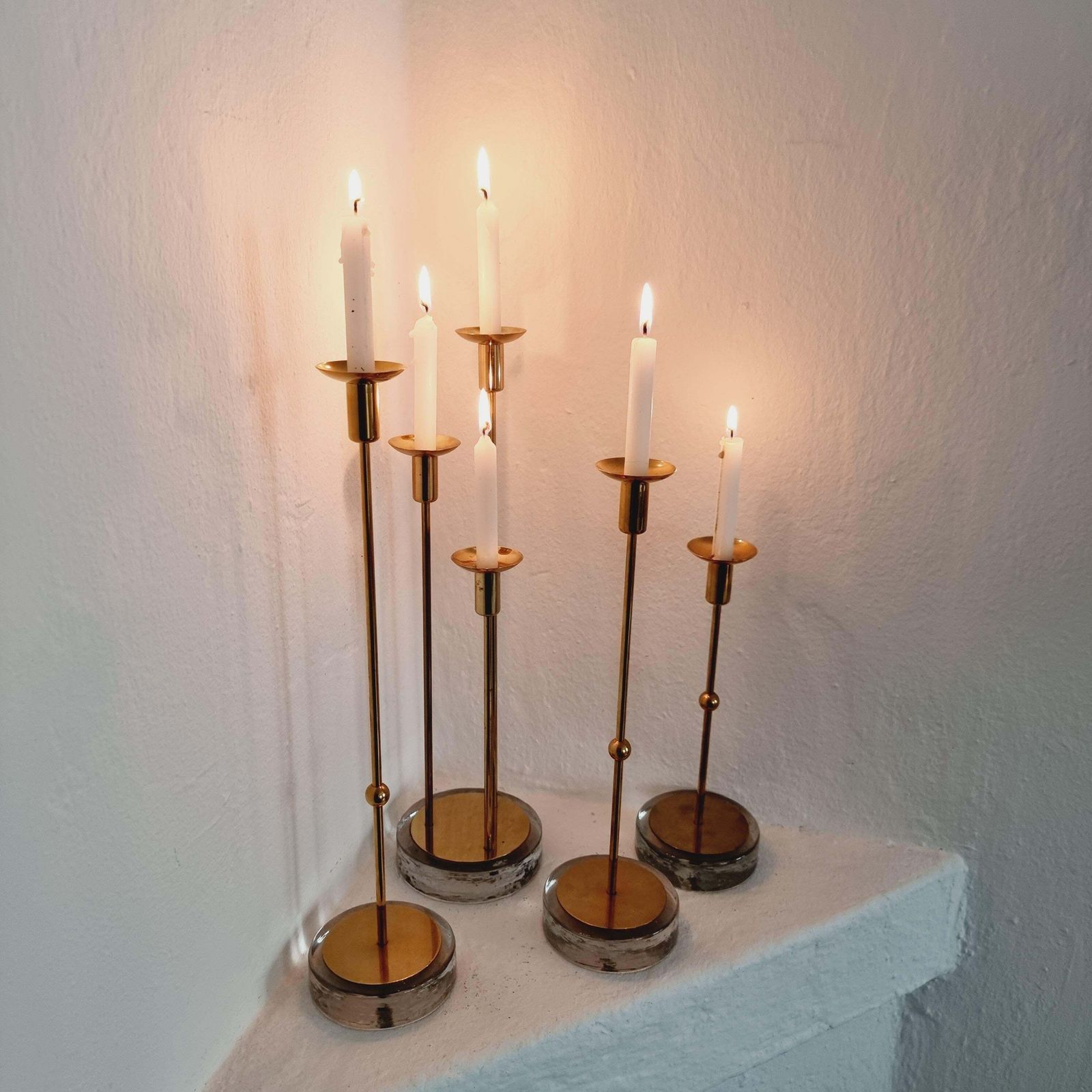 photo vinterior Gunnar Ander, Four Candle Holders, Brass & Glass, Ystad Metall, Swedish Modern