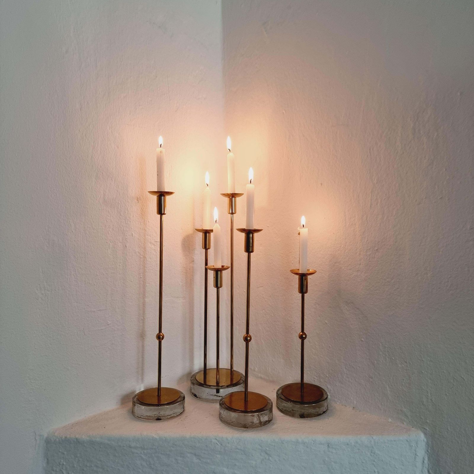 photo buy Gunnar Ander, Four Candle Holders, Brass & Glass, Ystad Metall, Swedish Modern