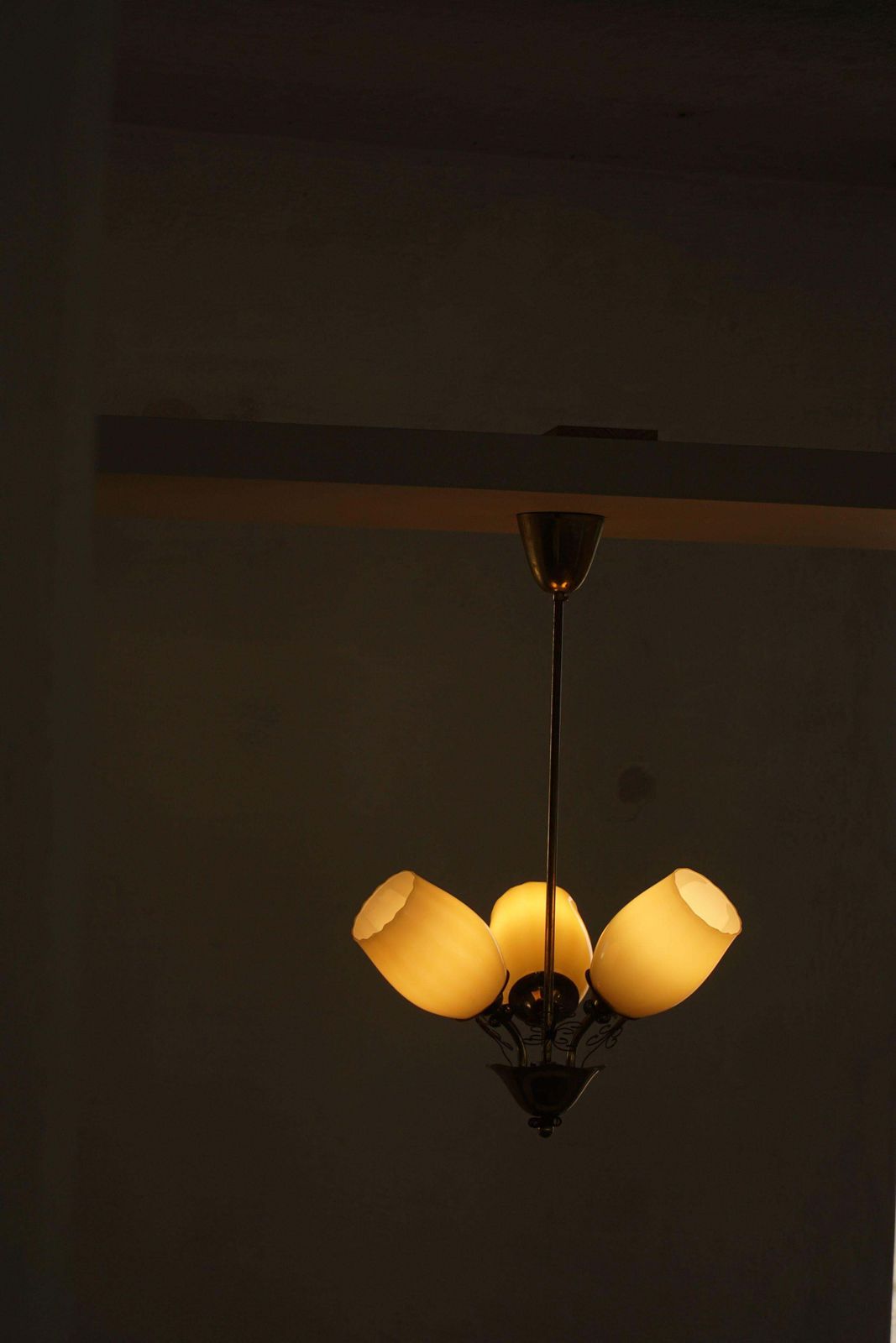 Paavo Tynell For Idman Oy, 3 Arm Chandelier In Brass & Glass, Mid Century, 1940s photo furniture