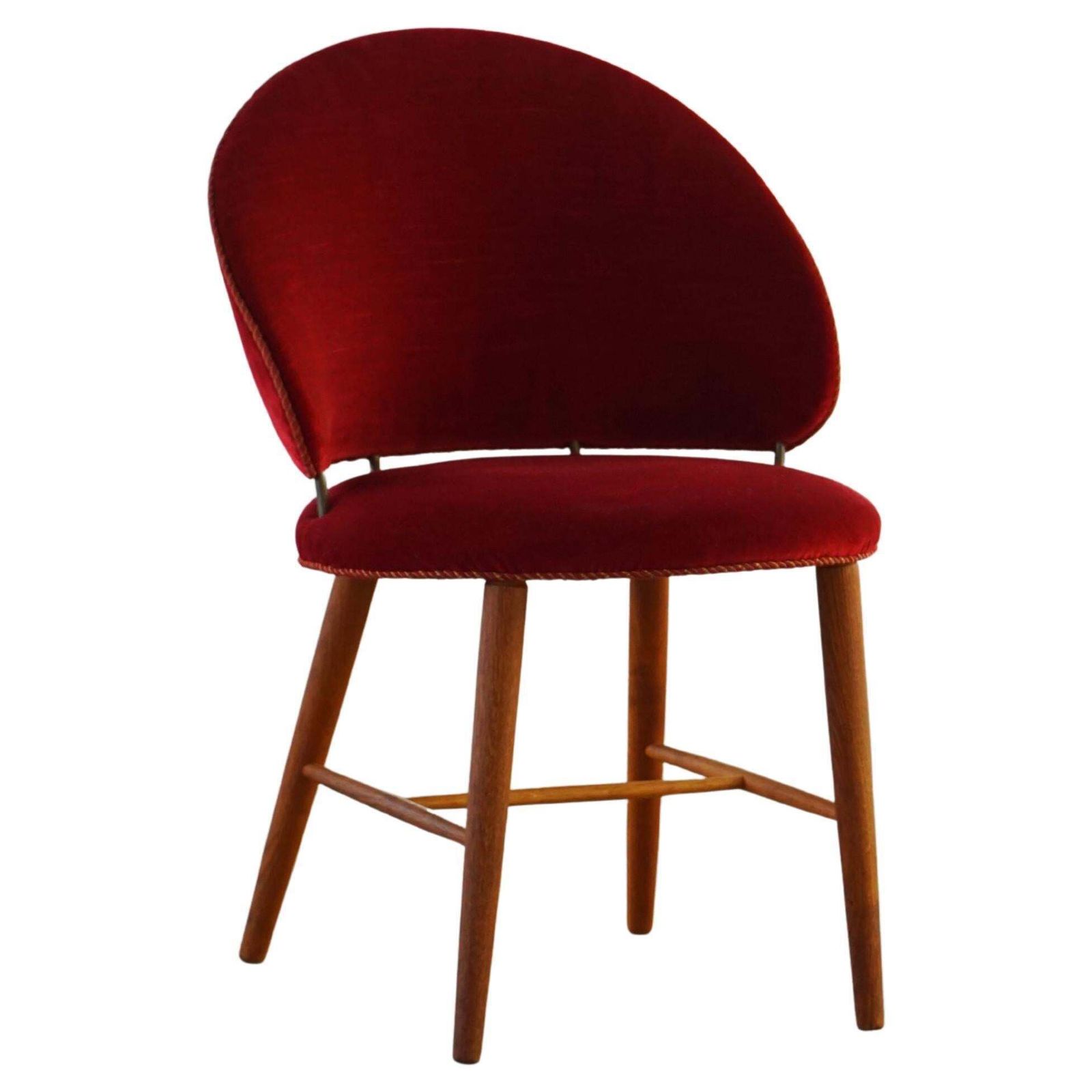 Mid Century Dressing Chair In Oak & Red Velvet, By A Danish Cabinetmaker, 1950s
