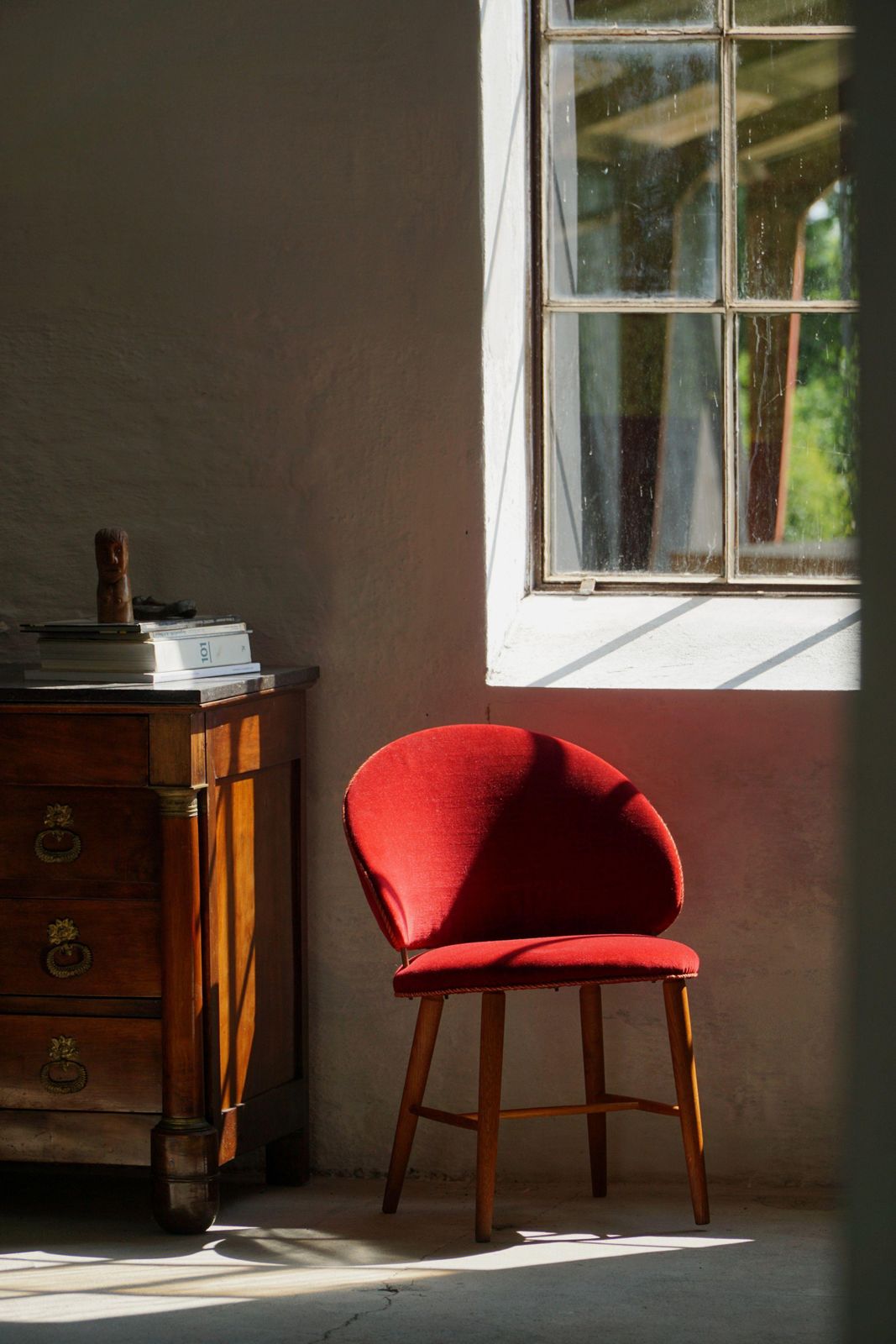 Mid Century Dressing Chair In Oak & Red Velvet, By A Danish Cabinetmaker, 1950s photo furniture
