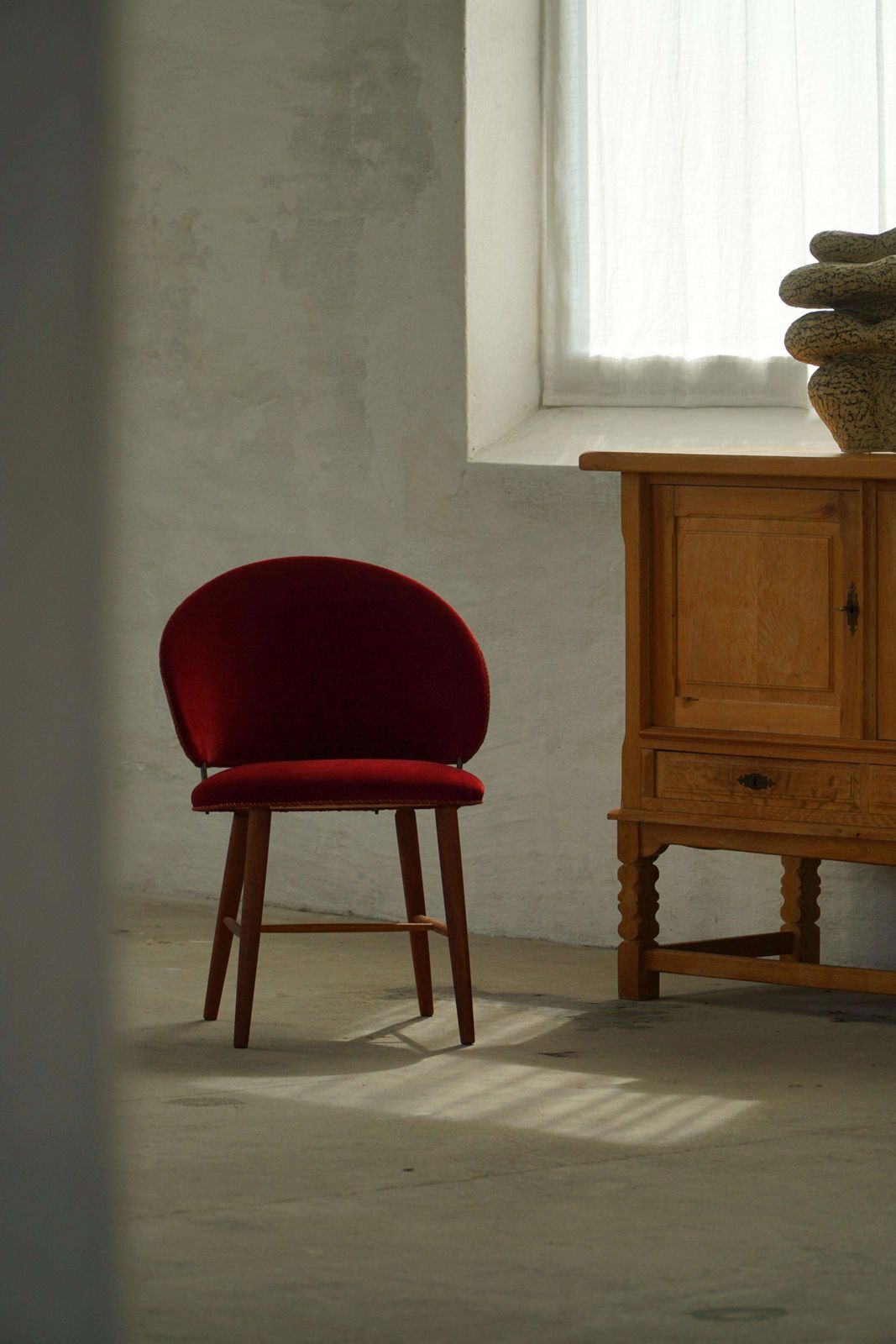 Mid Century Dressing Chair In Oak & Red Velvet, By A Danish Cabinetmaker, 1950s photo 931.0