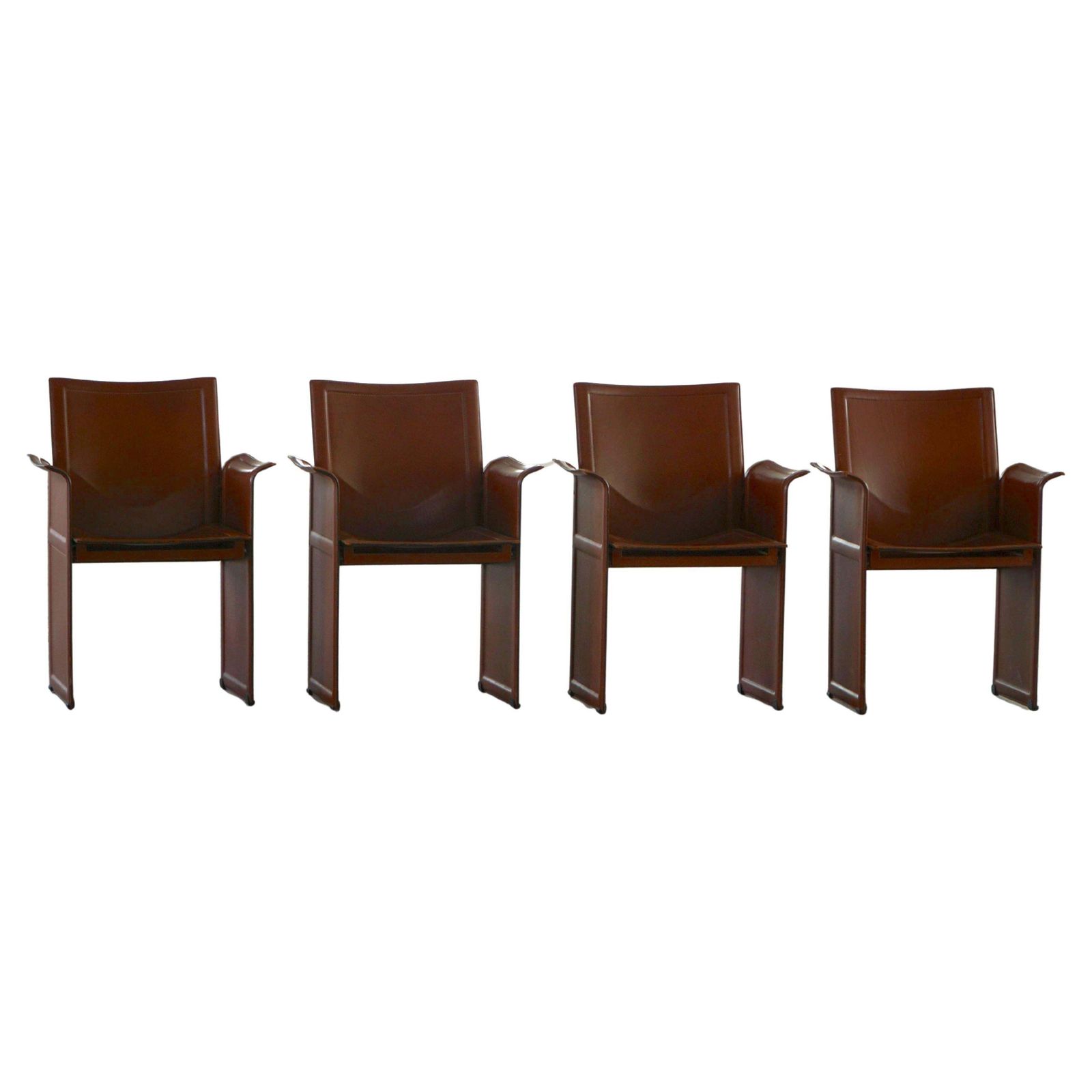 Set Of 4 Armchairs In Brown/Red Leather, Tito Agnoli, Italian Modern, 1970s