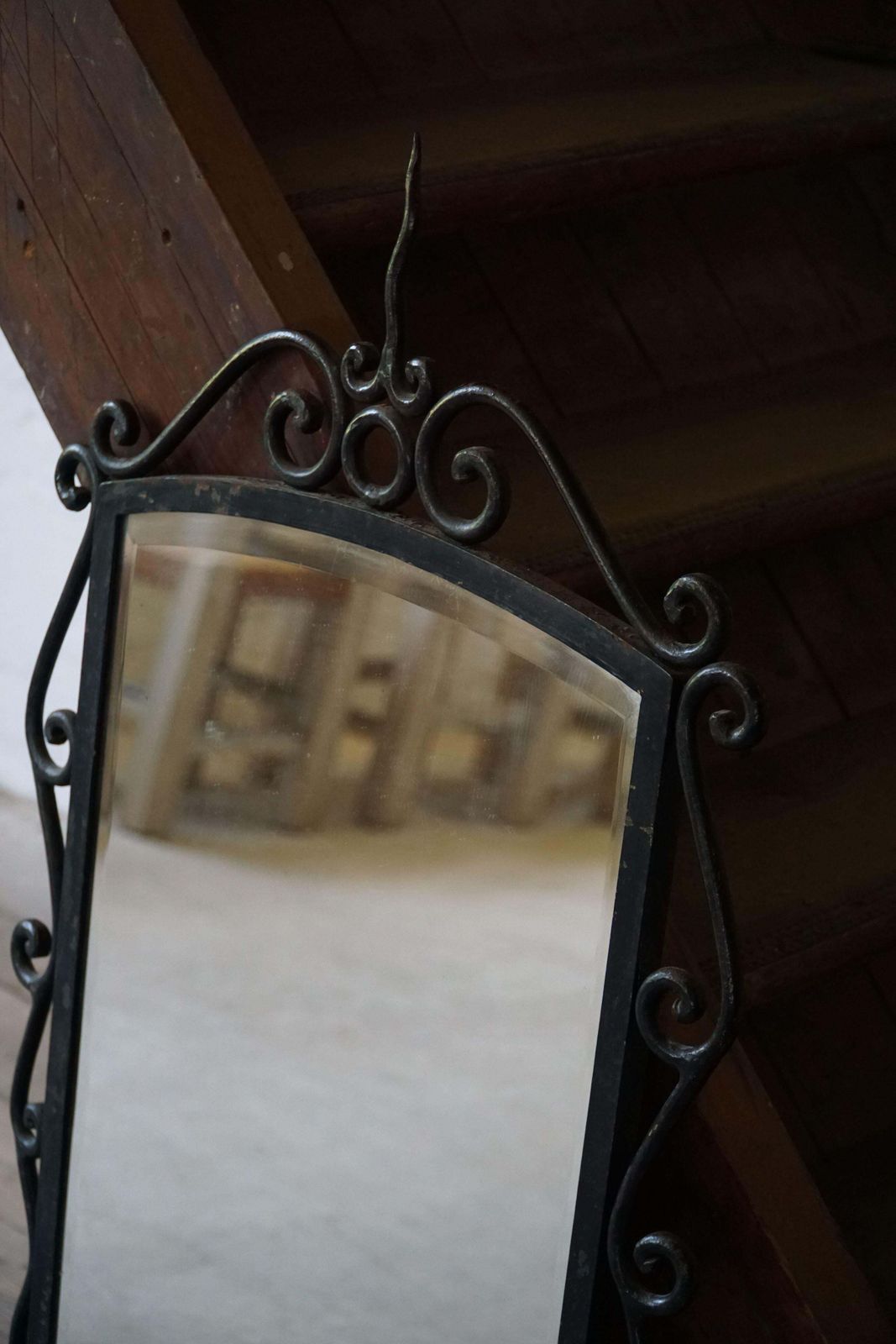 photo for sale French Mid Century Modern, Brutalist Wrought Iron Wall Mirror, Made In The 1950s
