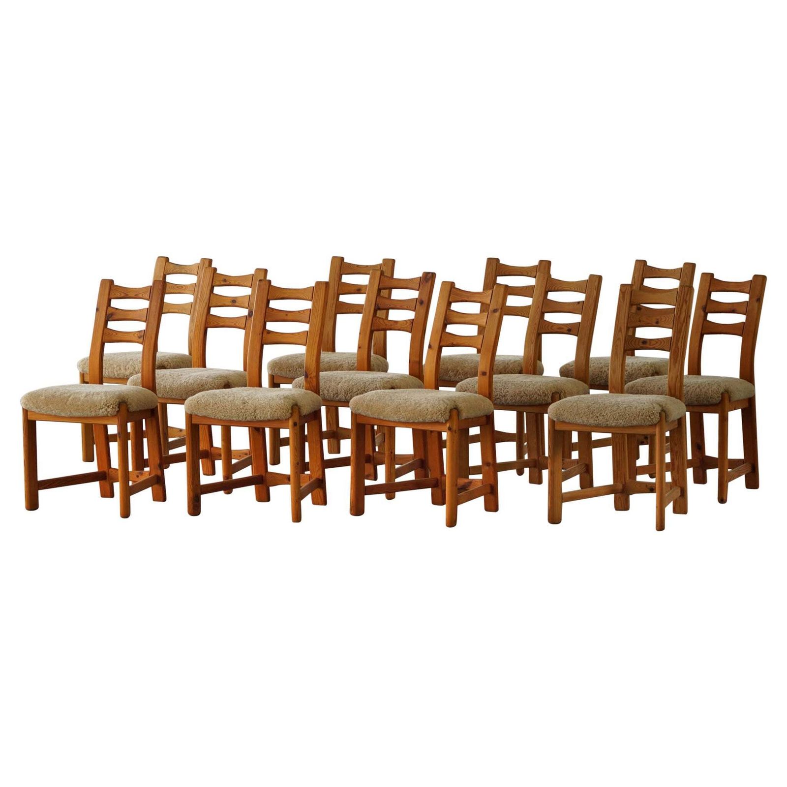 Set Of 12 Brutalist Chairs In Pine & Shearling Lambswool, Danish Modern, 1970s
