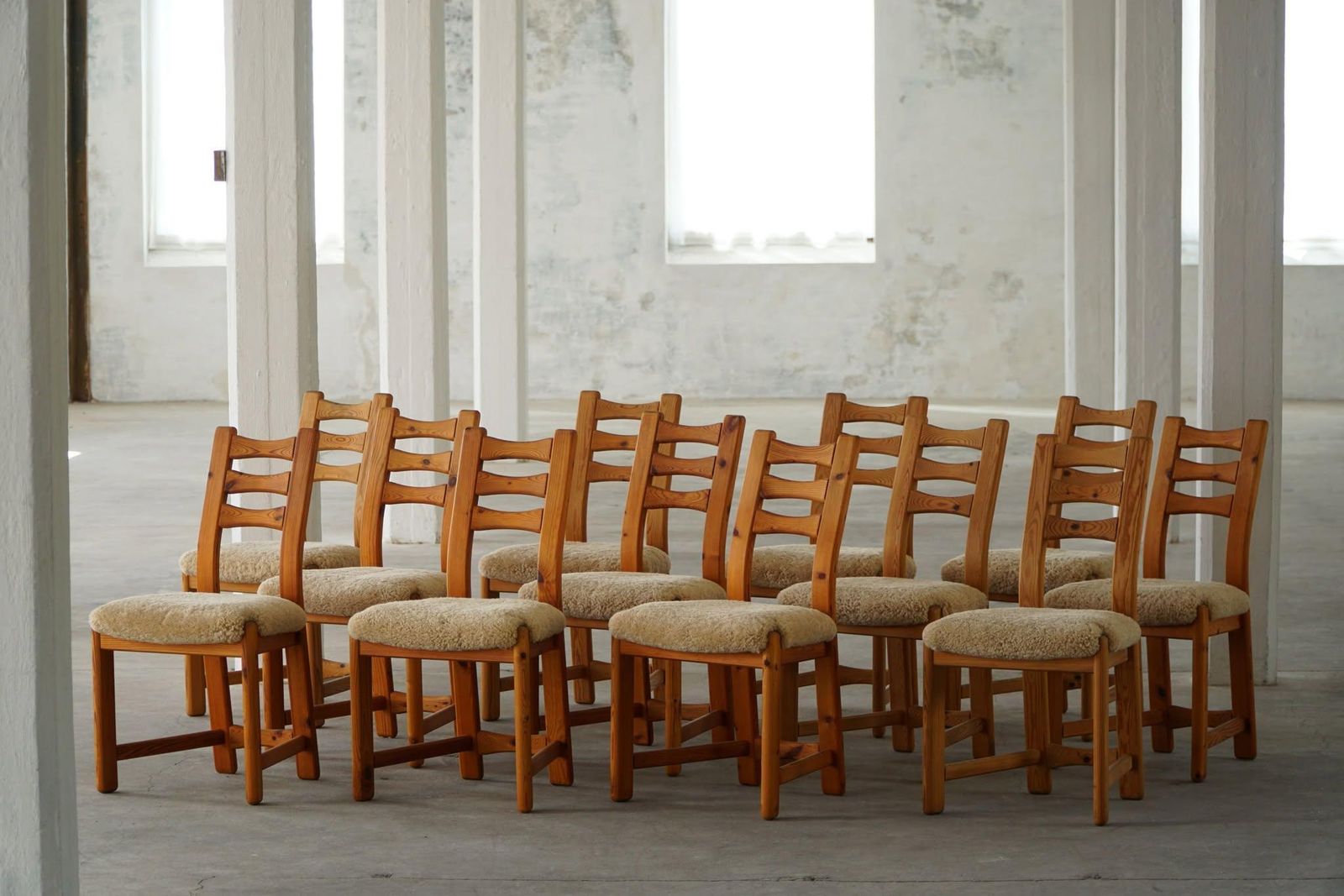 Set Of 12 Brutalist Chairs In Pine & Shearling Lambswool, Danish Modern, 1970s photo furniture