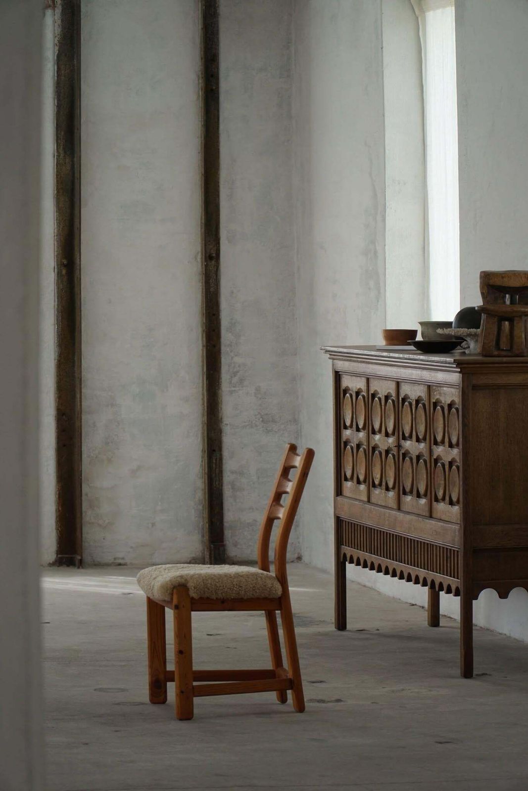 Set Of 12 Brutalist Chairs In Pine & Shearling Lambswool, Danish Modern, 1970s photo 5025.0
