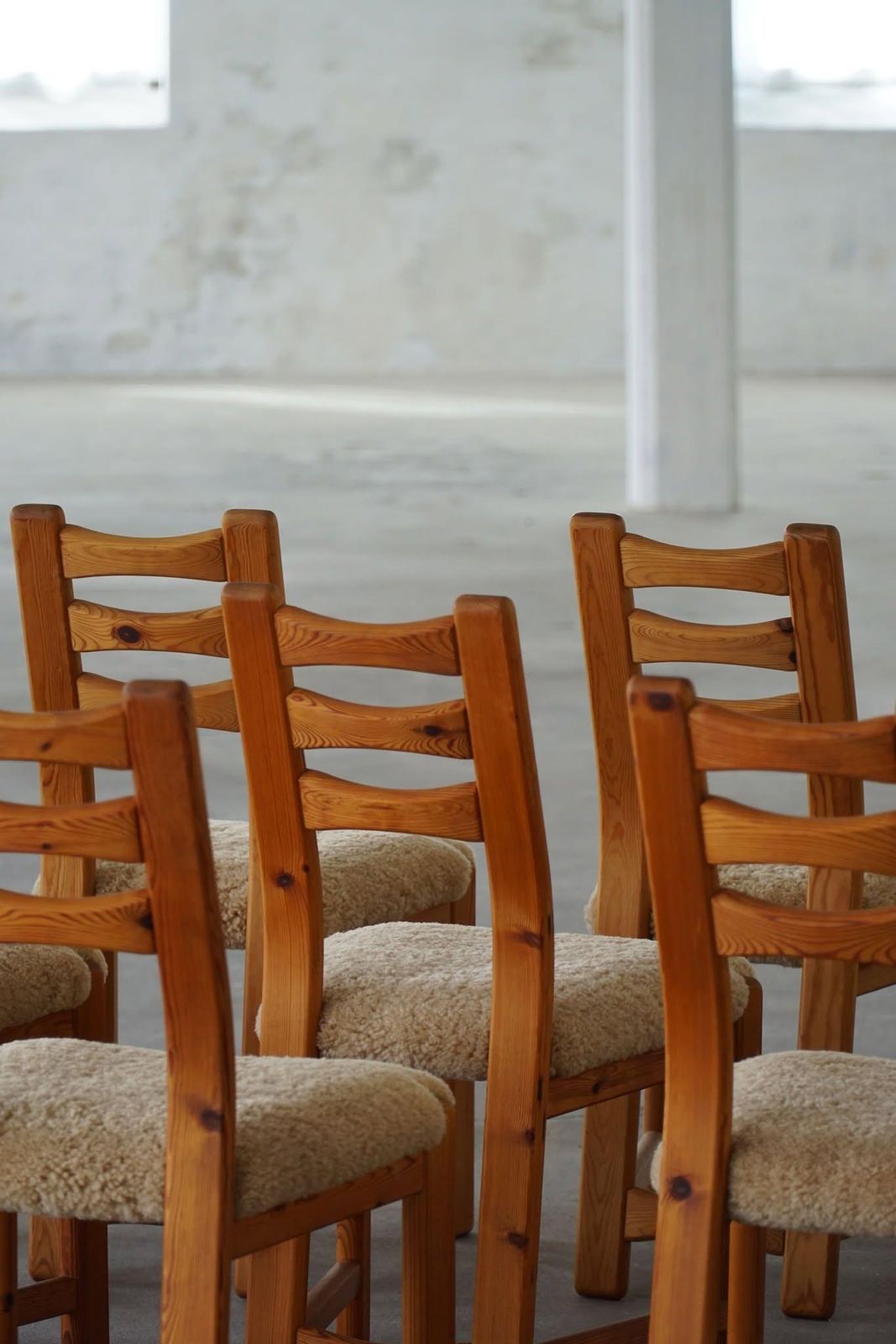 photo furniture Set Of 12 Brutalist Chairs In Pine & Shearling Lambswool, Danish Modern, 1970s