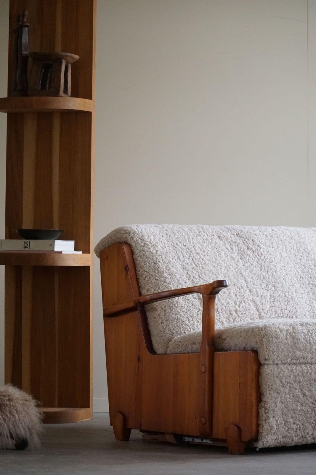 photo buy Swedish Modern, Freestanding Two Seater Sofa / Bed In Pine & Lambswool, 1950s