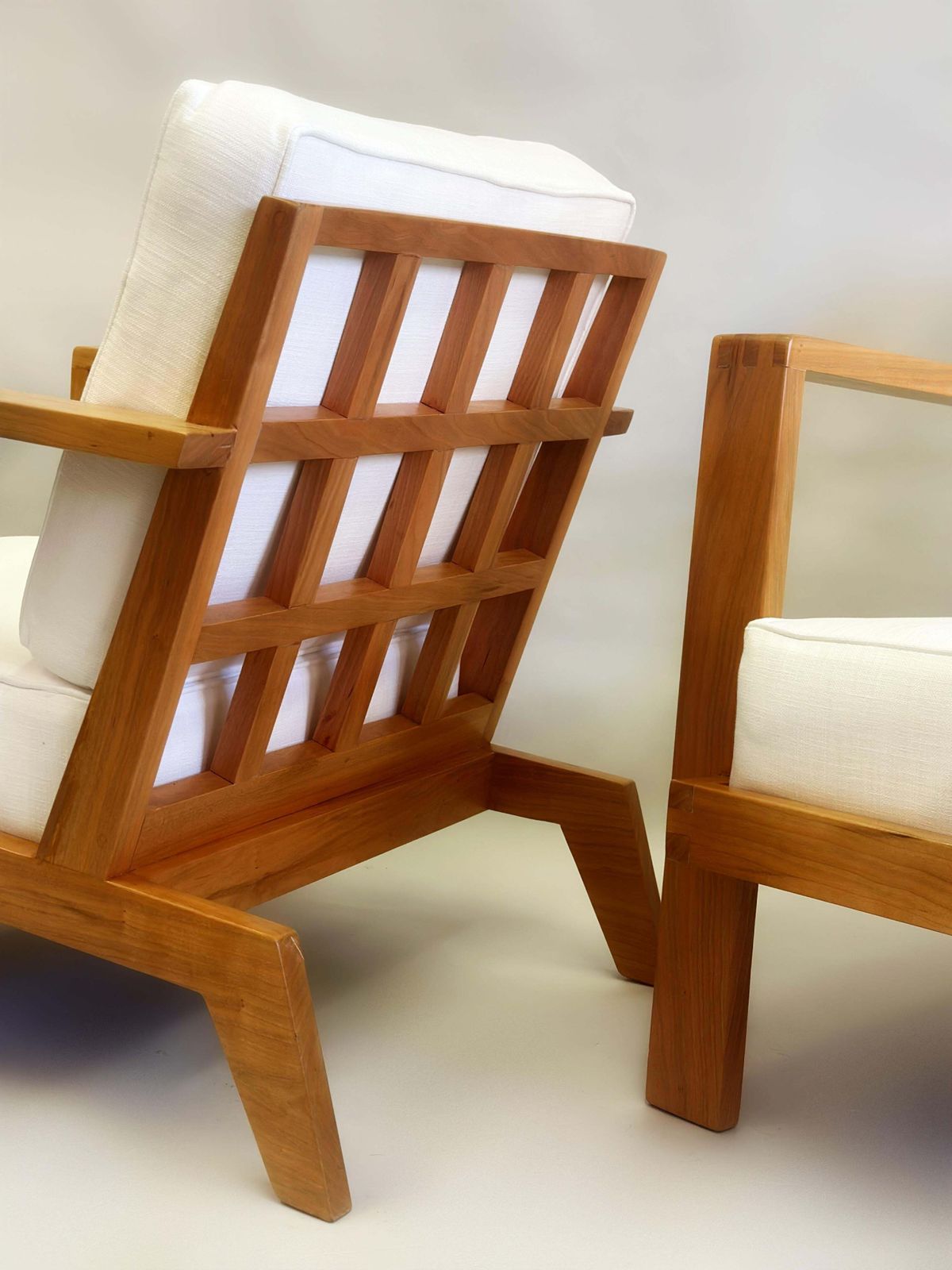 Pair French Mid Century Modern Grid Back Cherry Lounge / Armchairs, Rene Gabriel photo vinterior