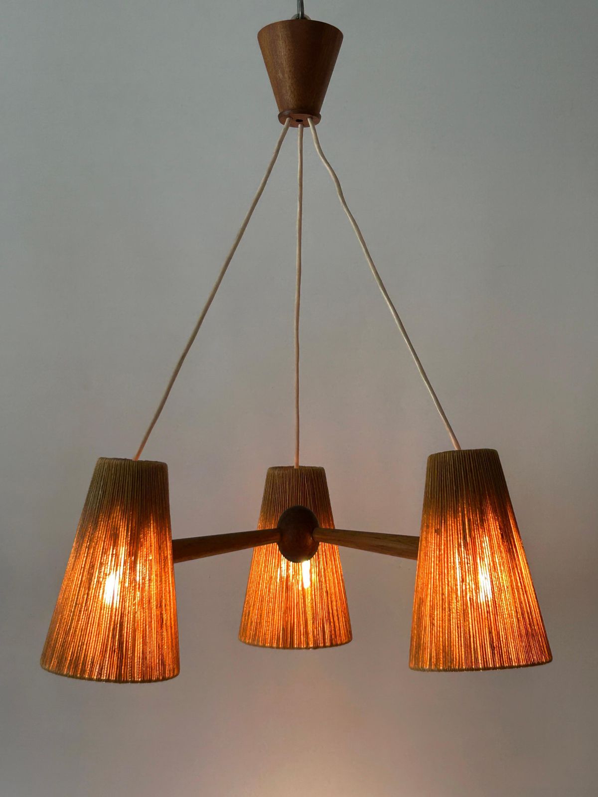 Mid Century Sisal & Teak Pendant Lamp Or Chandelier By Temde Switzerland 1960s photo furniture